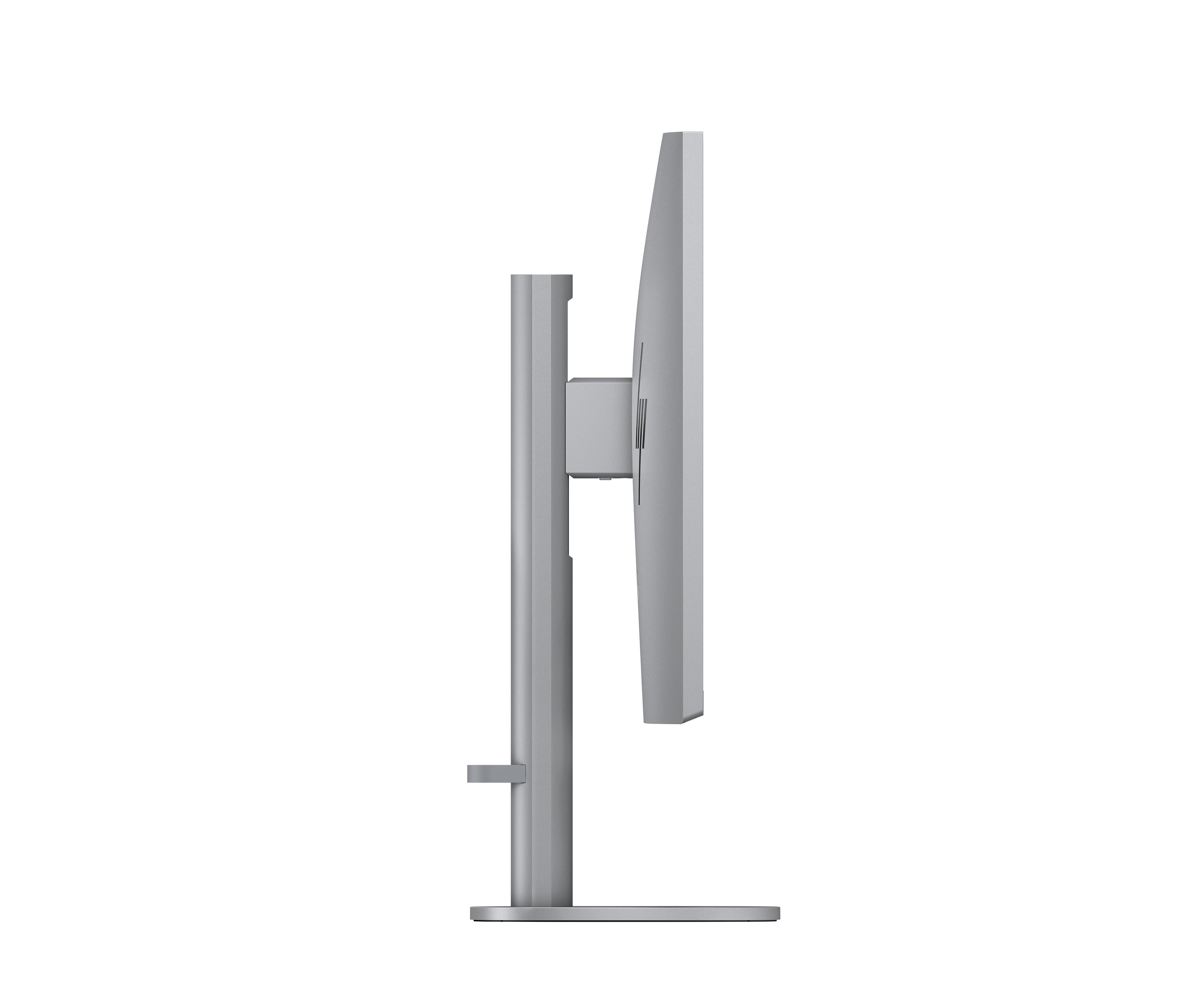 Een zilveren monitorstandaard met draaibare arm op zwarte achtergrond.
