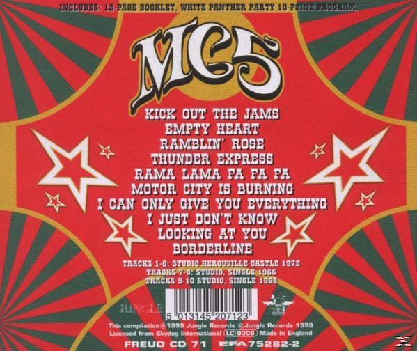Roter Album-Cover mit MC5-Logo, Songliste, Sternen und Mustern.