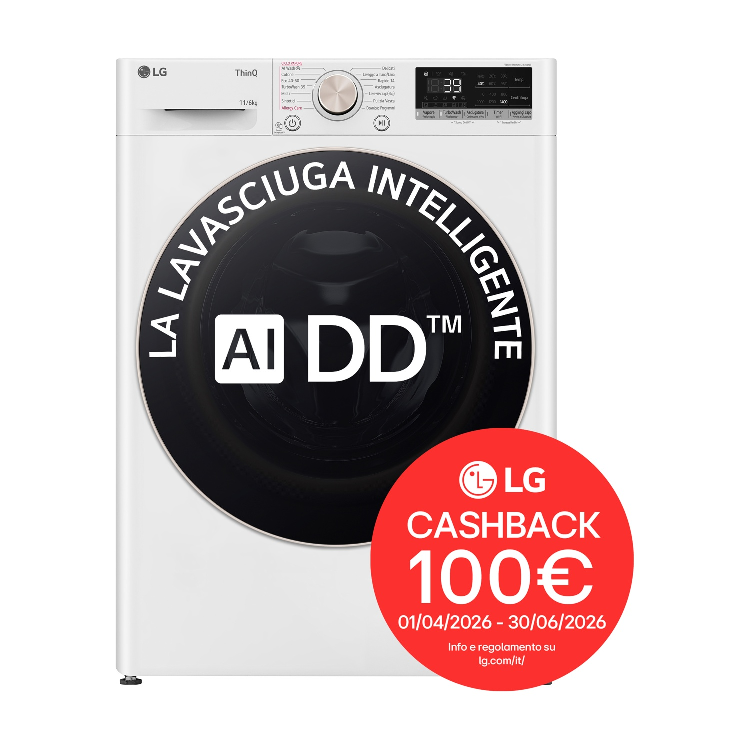 Lavatrice LG bianca con AI DD™, offerta cashback di 100€.