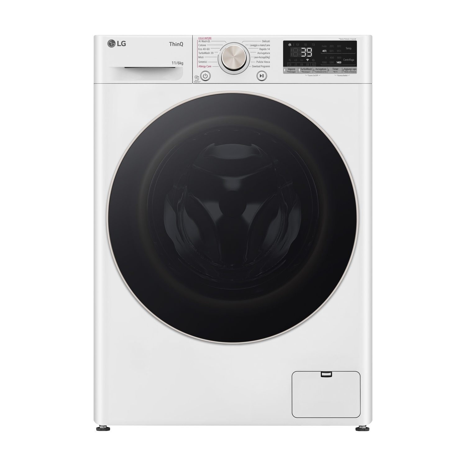 Lavatrice LG bianca con oblò e pannello di controllo neri. Capacità 11/6kg.