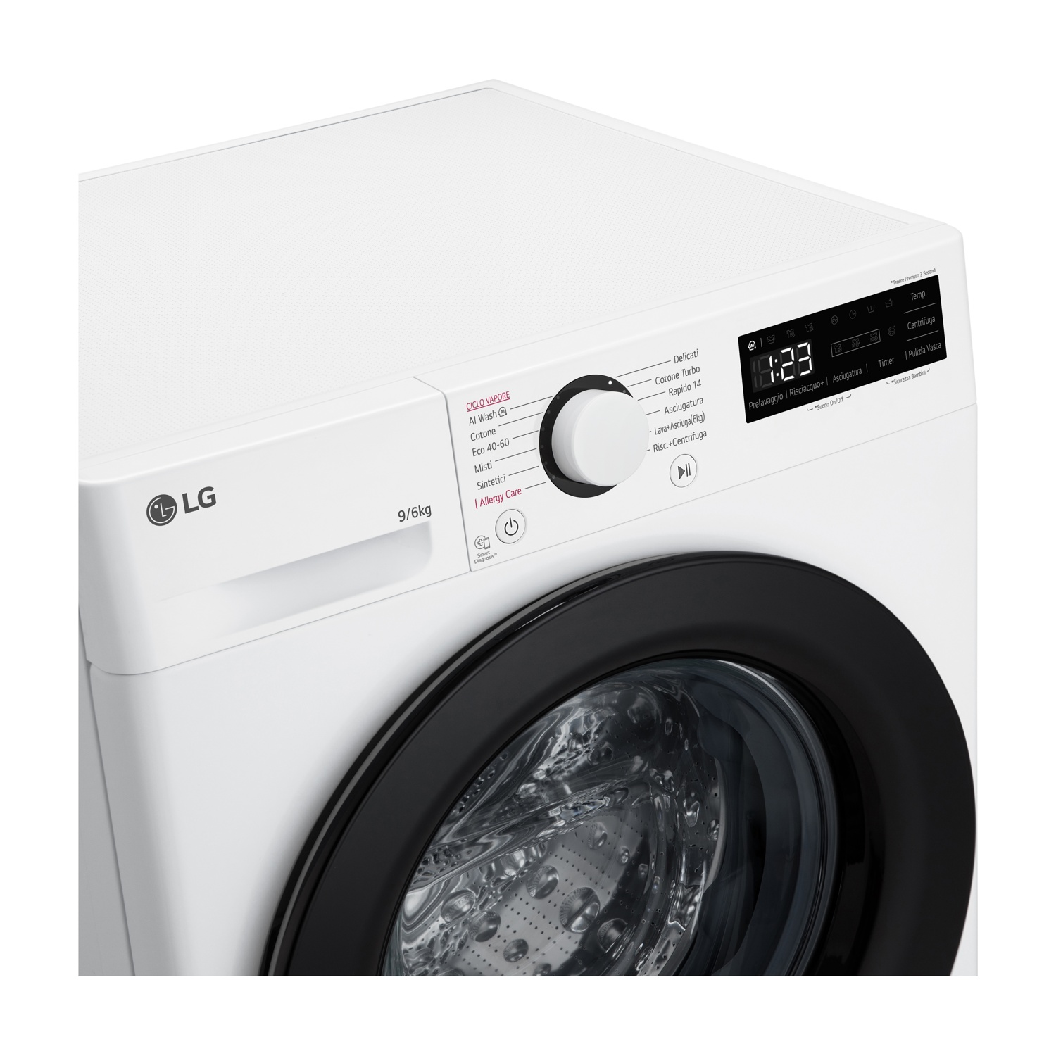 Lavatrice LG bianca con oblò nero e display digitale.