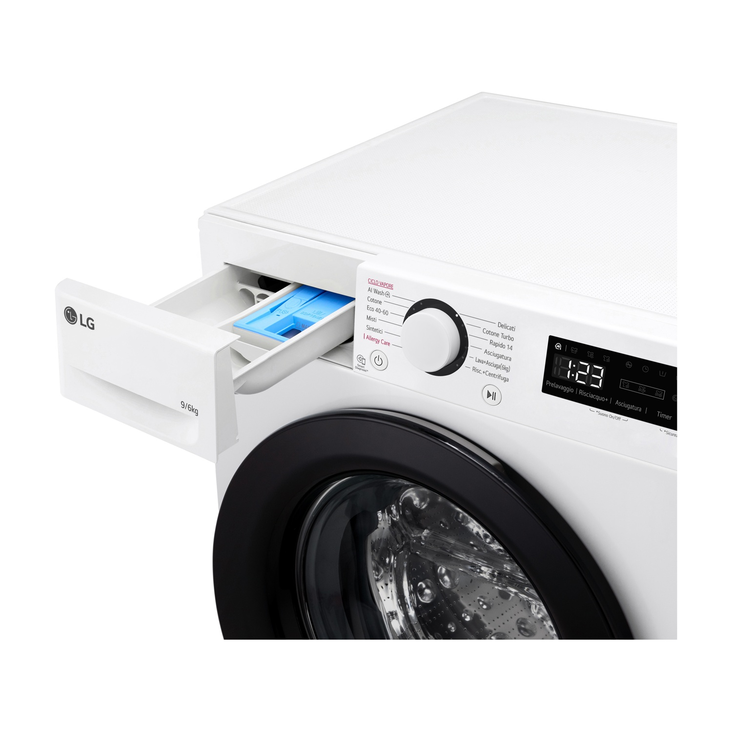 Una lavatrice LG bianca con cassetto detersivo aperto e display digitale.