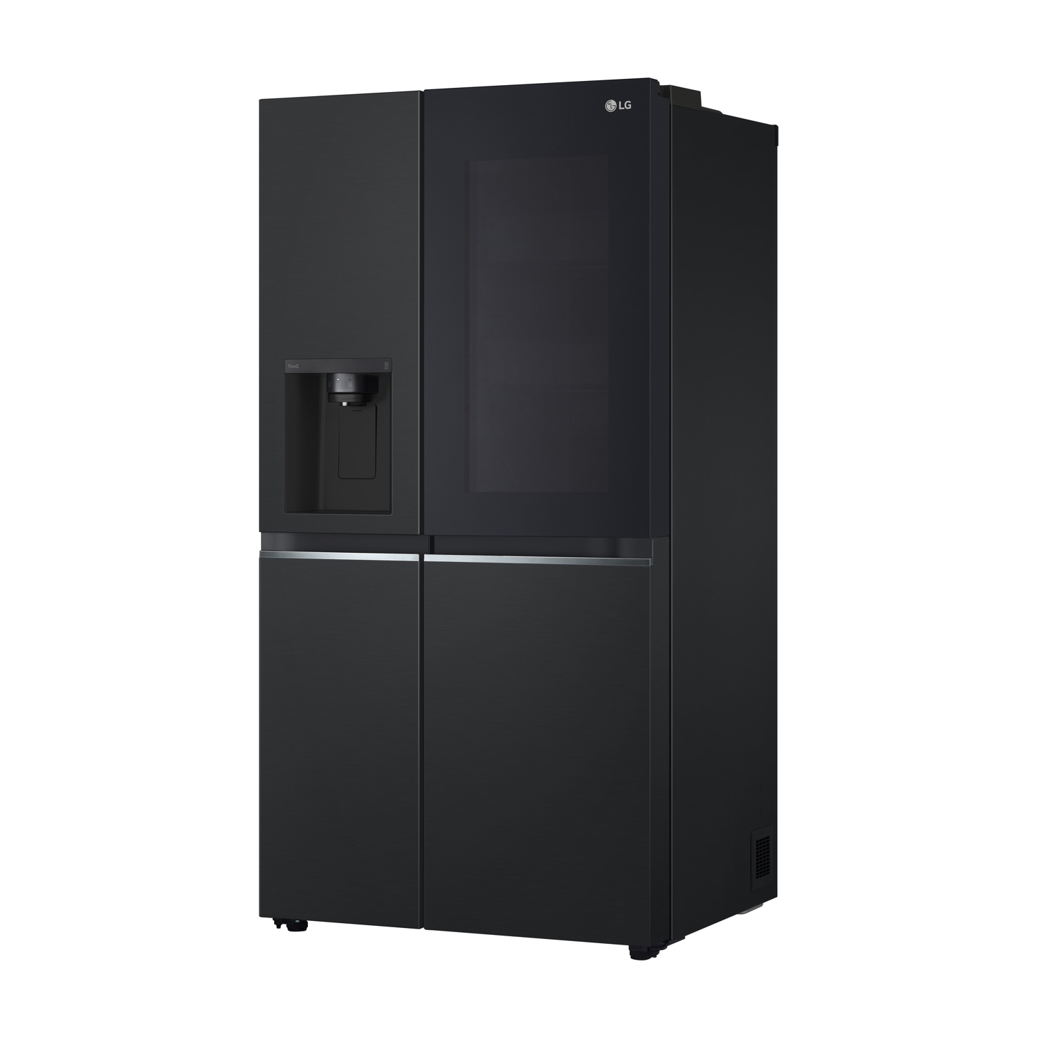 Frigorifero LG nero con dispenser d'acqua e porta in vetro scuro.