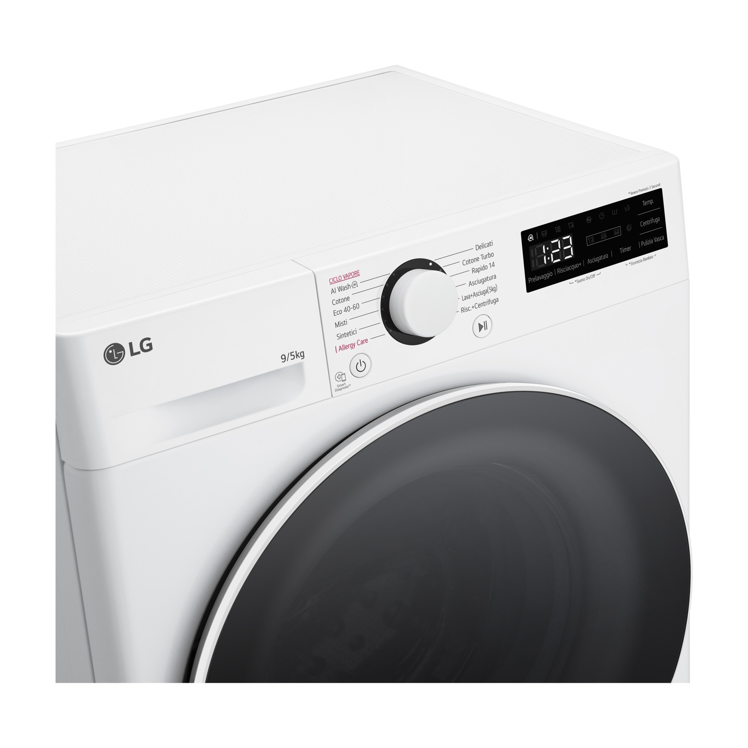Una lavatrice LG bianca con display digitale che mostra 10:23.