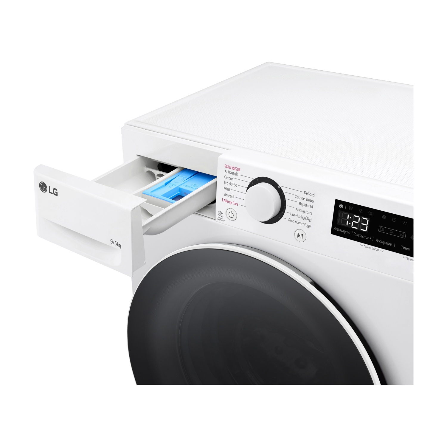 Una lavatrice LG bianca con il cassetto del detersivo estratto.