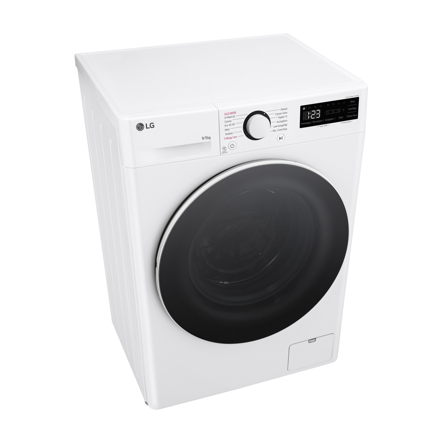 Lavatrice LG bianca con grande oblò nero e display digitale.