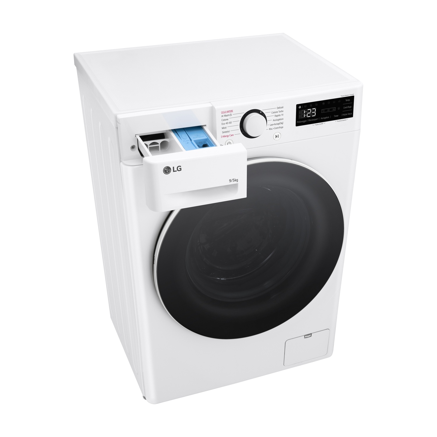 Una lavatrice LG bianca con cassetto detersivo estratto e display digitale.