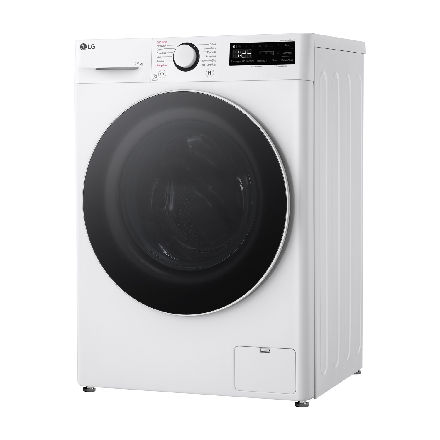 Lavatrice LG bianca con oblò nero e pannello comandi con display.