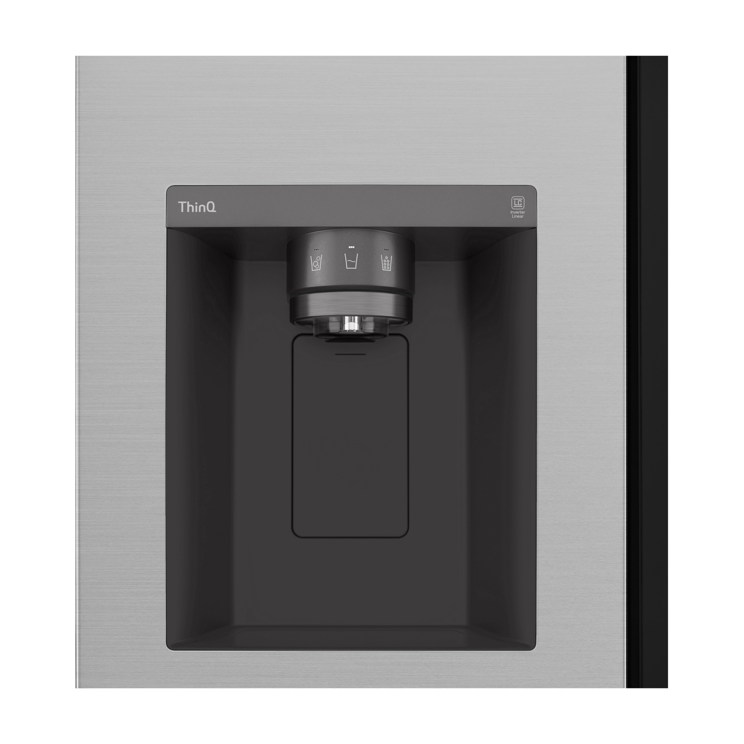Dispenser acqua frigorifero con loghi "ThinQ" e "LG Inverter Linear".