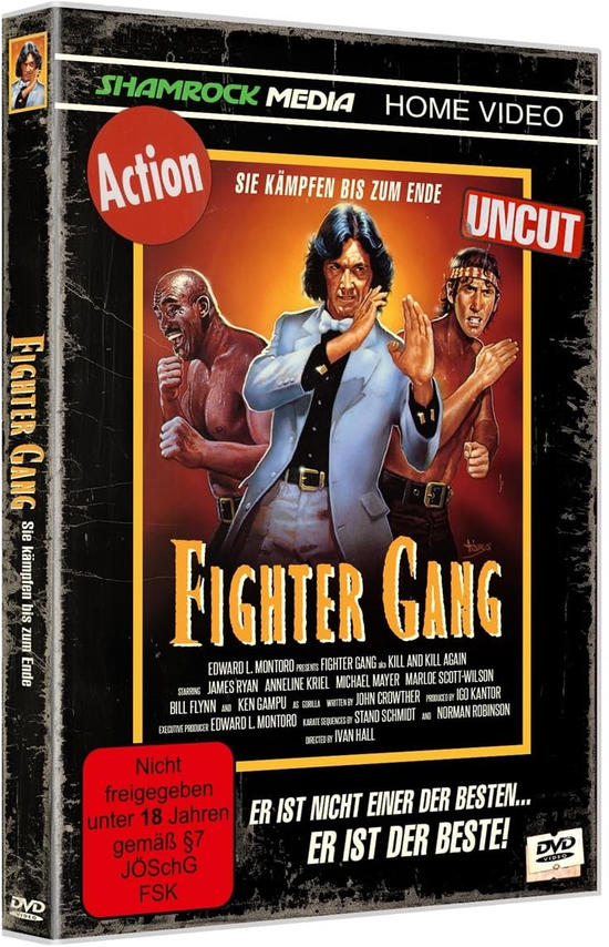 DVD-Cover für 'Fighter Gang' mit drei Männern im Kampf-Outfit.