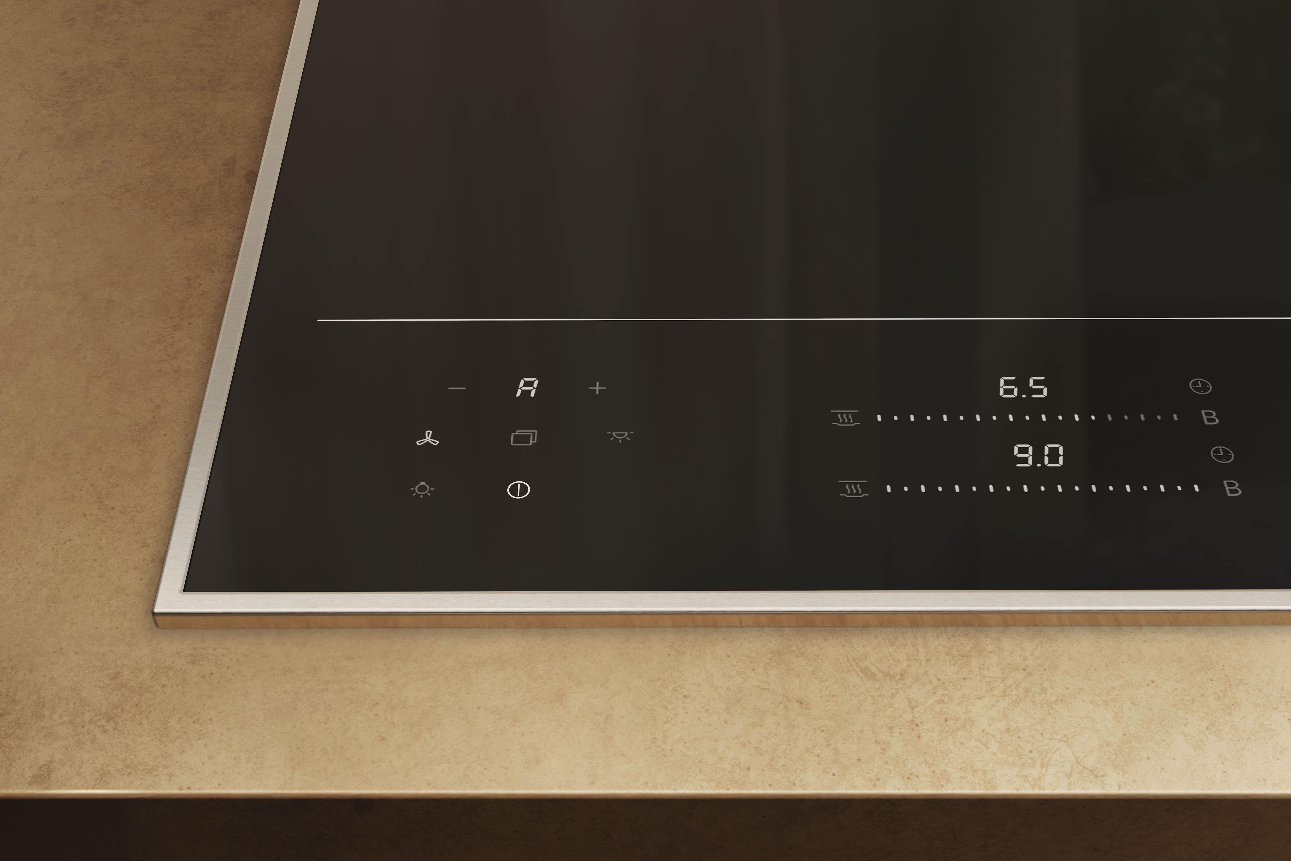 Moderne Induktionskochfeld-Oberfläche mit digitalen Anzeigen für Temperatur und Timer.