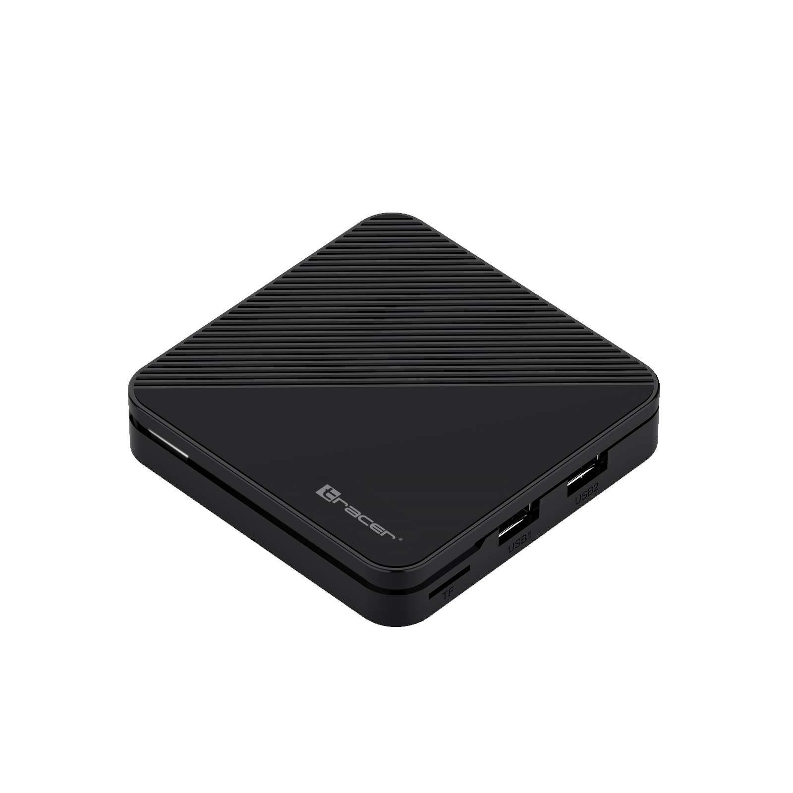 Czarno-diamentowe urządzenie z żebrowaną pokrywą, dwoma portami USB i gniazdem TF.