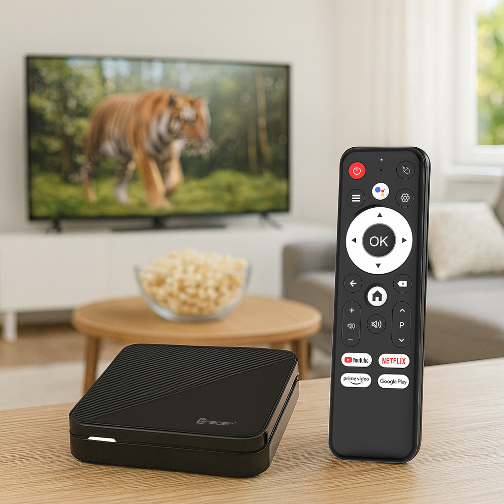 Czarna przystawka streamingowa i pilot na drewnianym stole, z telewizorem pokazującym tygrysa.