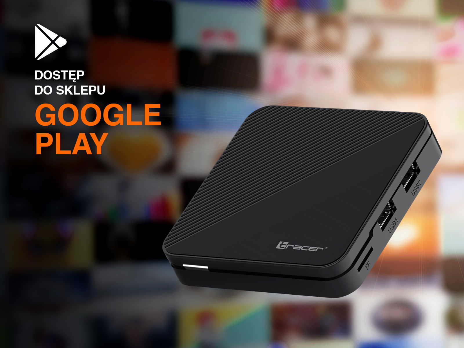 Czarny Tracer z logo Google Play i portami na rozmytym tle.