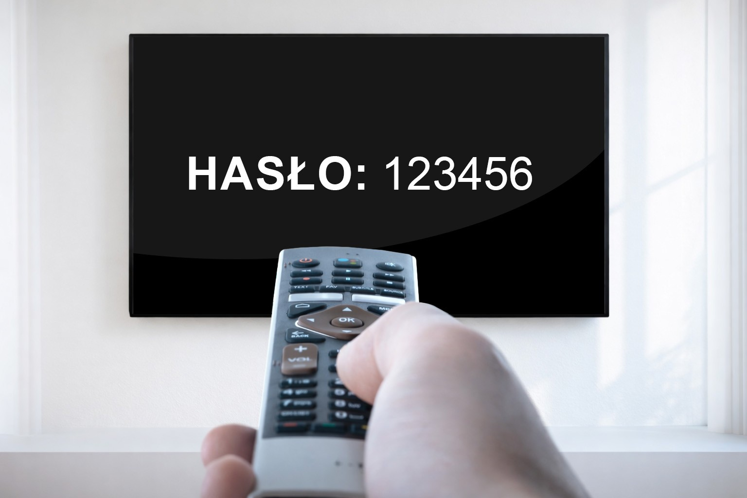 Telewizor wyświetla napis HAŚŁO: 123456. Dłoń trzyma pilot.