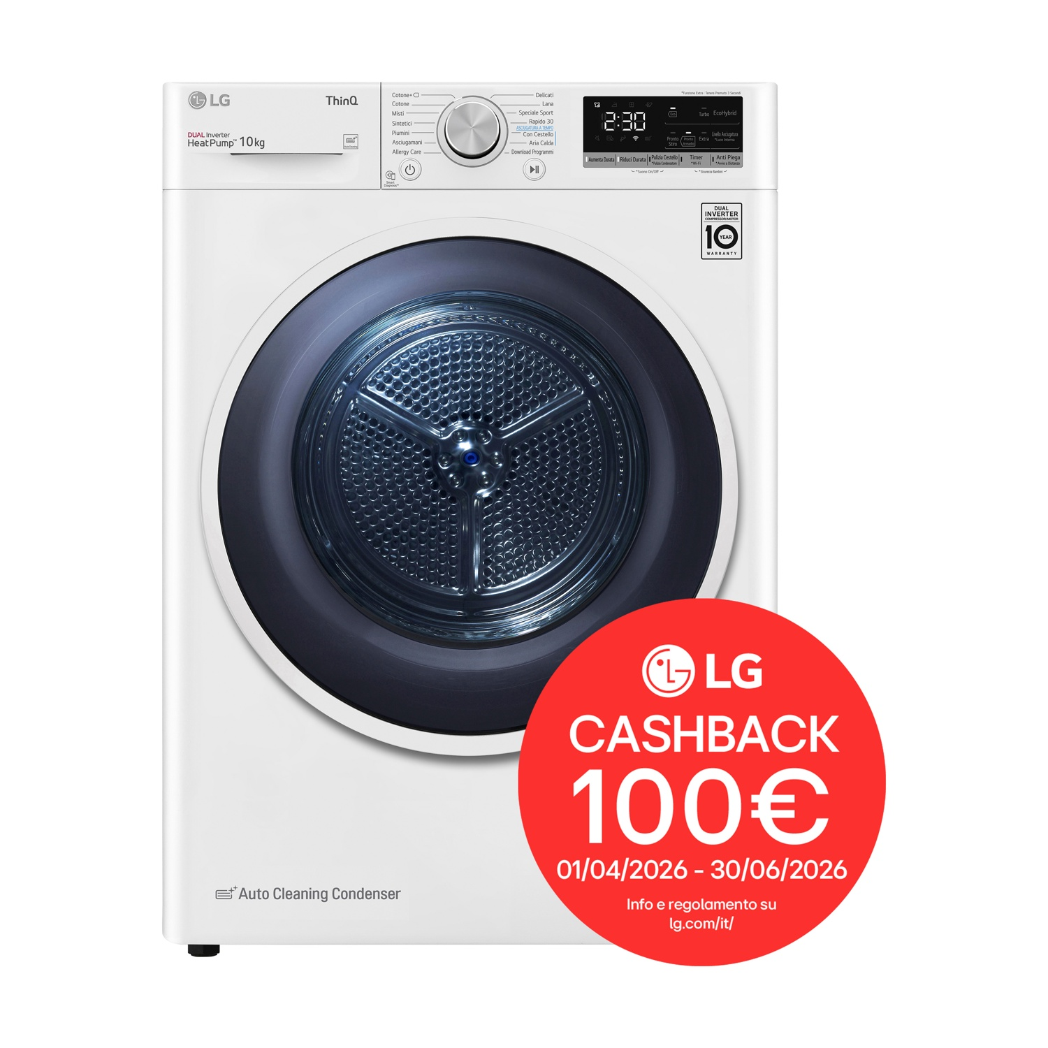 Asciugatrice LG bianca con pompa di calore, pannello comandi e adesivo cashback rosso.