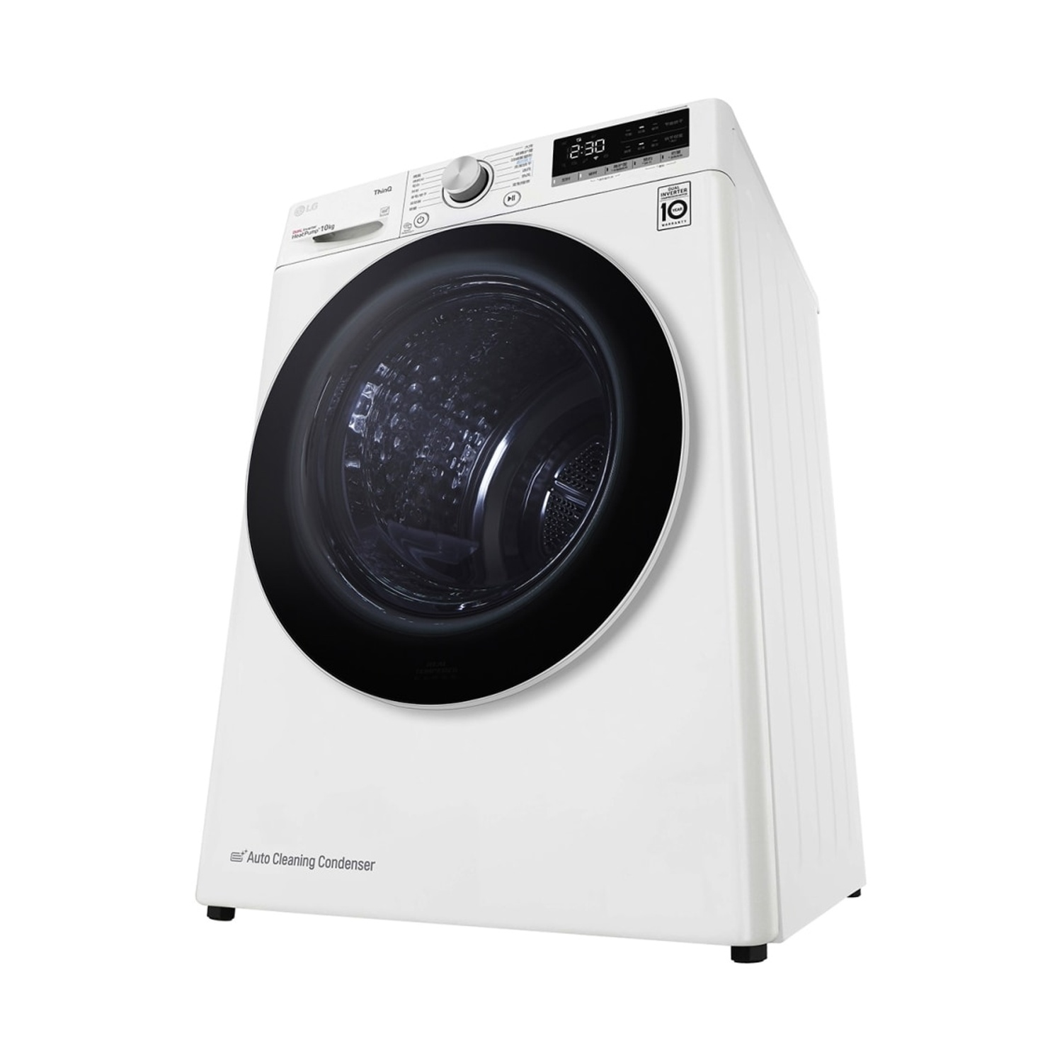 Asciugatrice LG ThinQ bianca con oblò nero e display digitale. Testo Auto Cleaning Condenser.