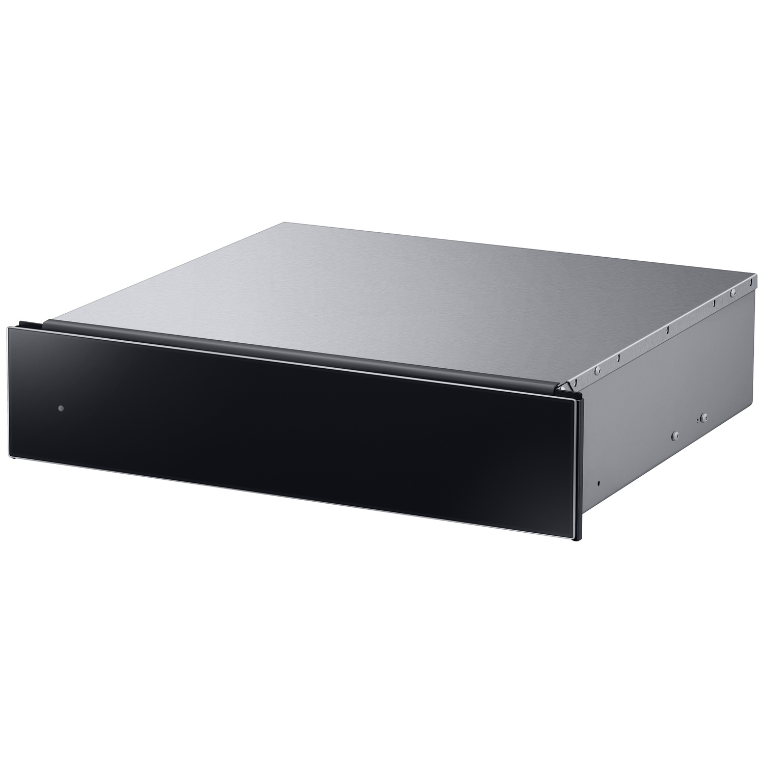 A sleek, silver drawer unit with a black glass front.