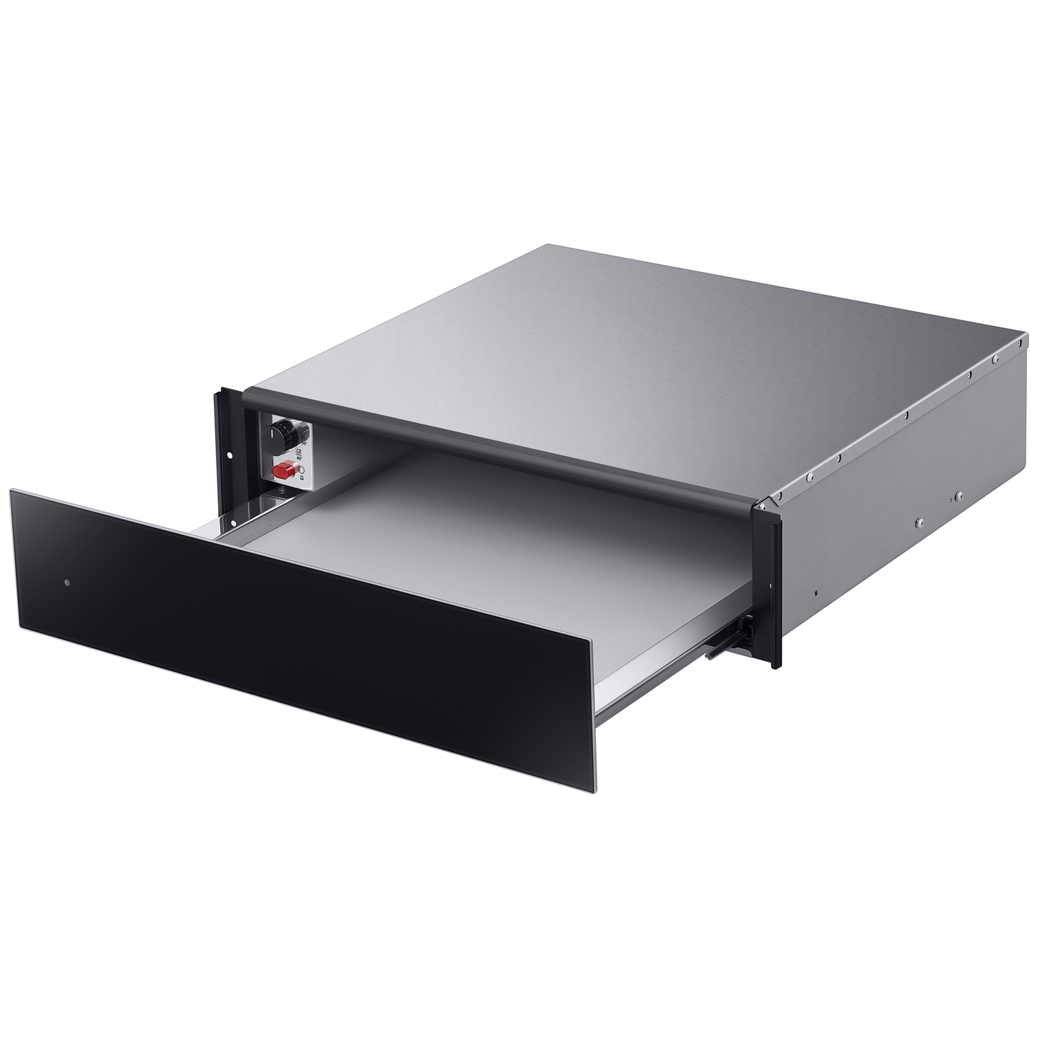 A silver drawer unit with a black front and an open compartment.