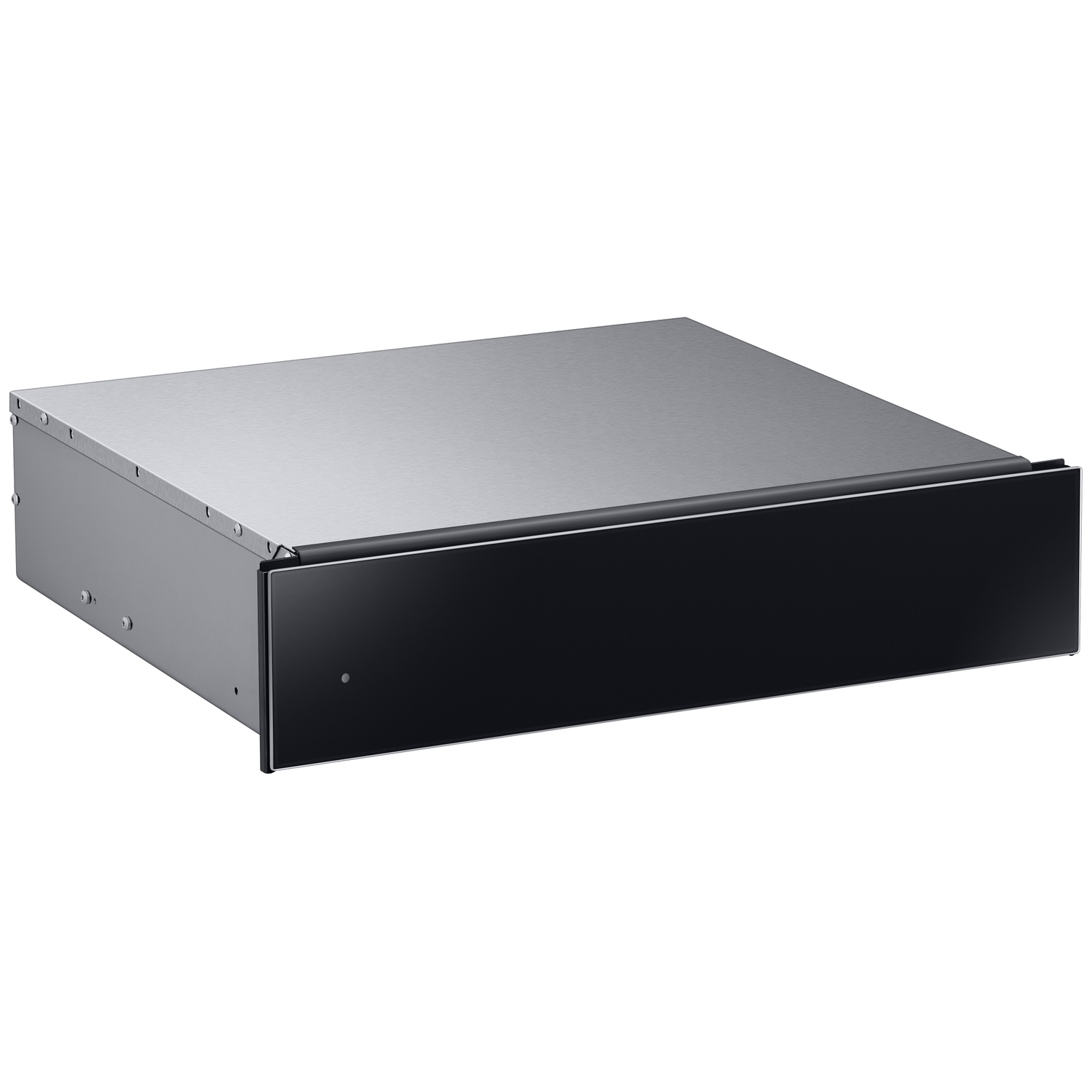 A silver built-in cabinet with a black front and handle strip.
