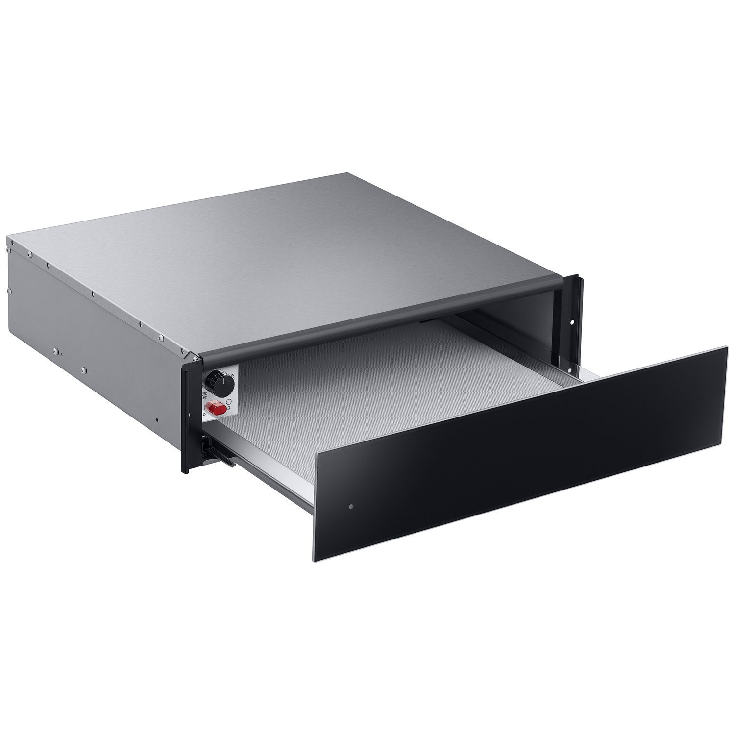 A pull-out drawer with a black front, metal casing, and control buttons.