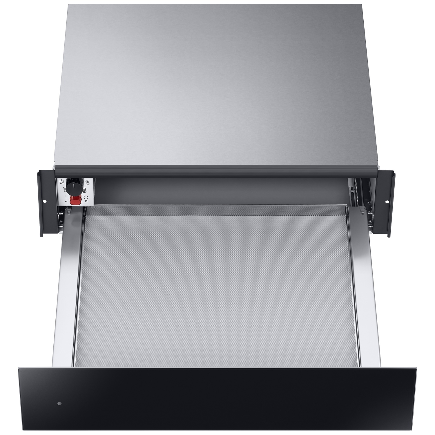 A retractable range hood with a metal body and control panel.