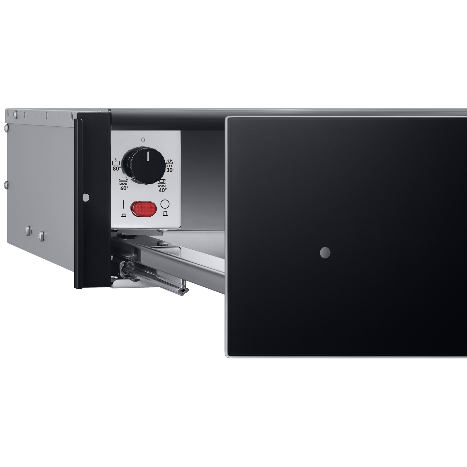 Built-in appliance with a black door and control panel with dial and buttons.