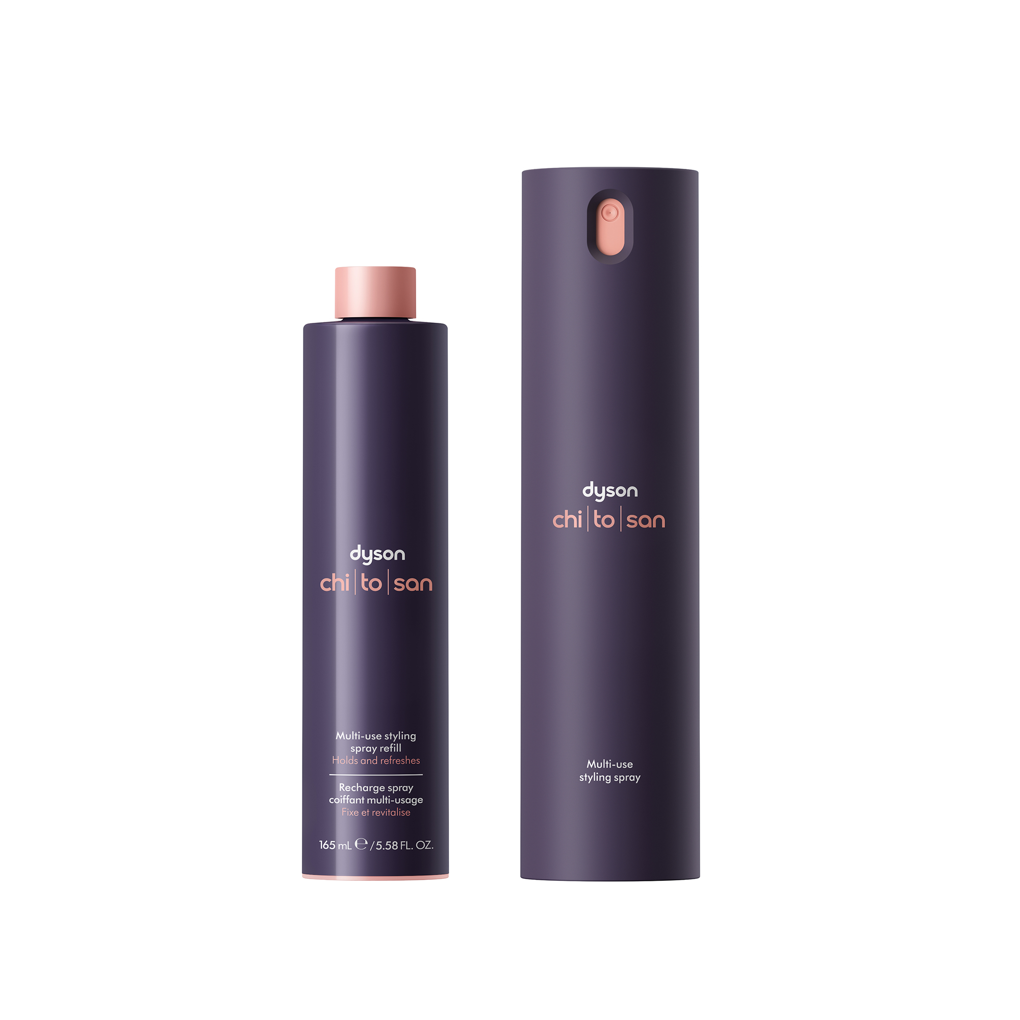 Zwei Dyson Styling-Sprays in Dunkelviolett mit rosa Akzenten.