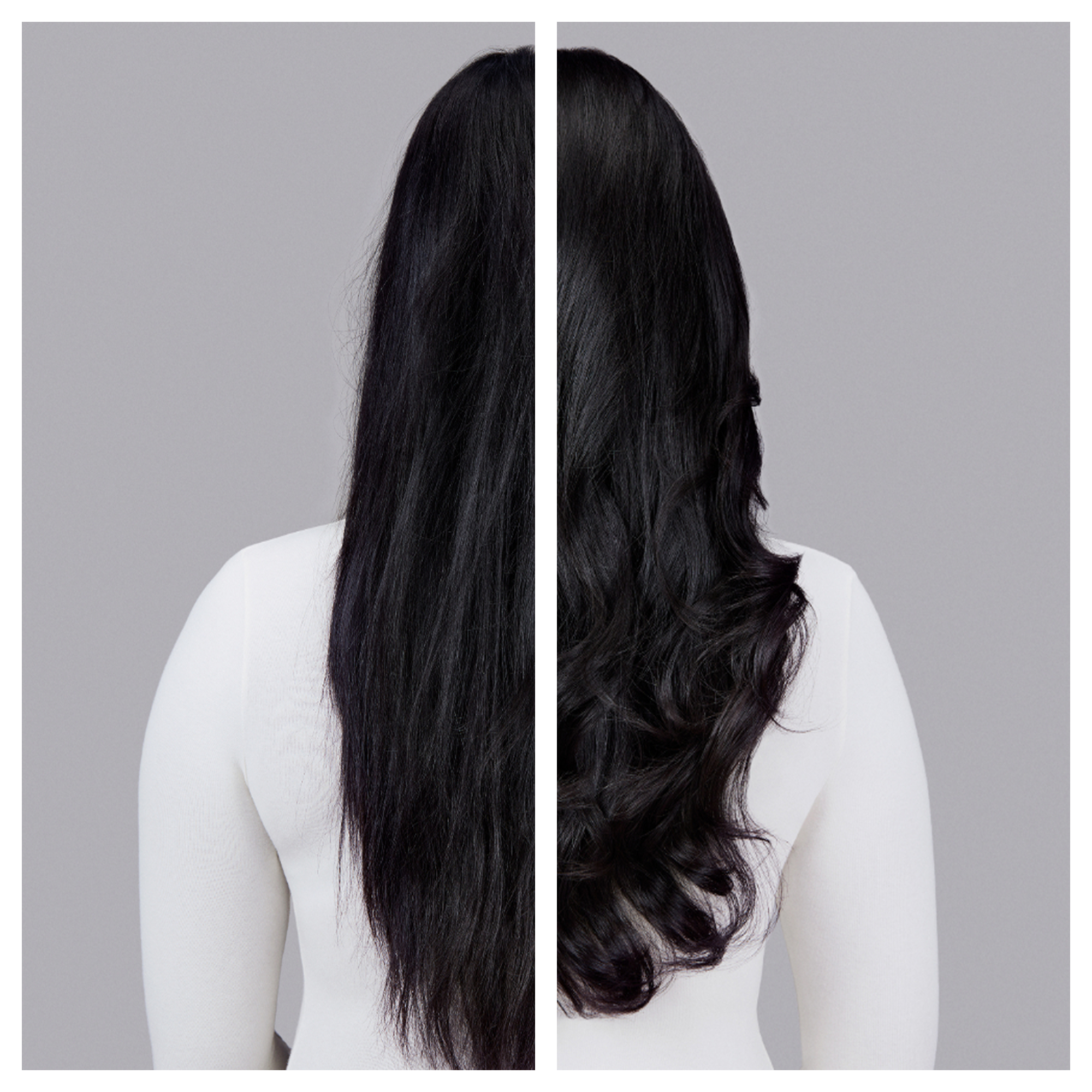 Vorher/Nachher: Glattes schwarzes Haar links, lockiges Haar rechts. Beide auf grauem Hintergrund.