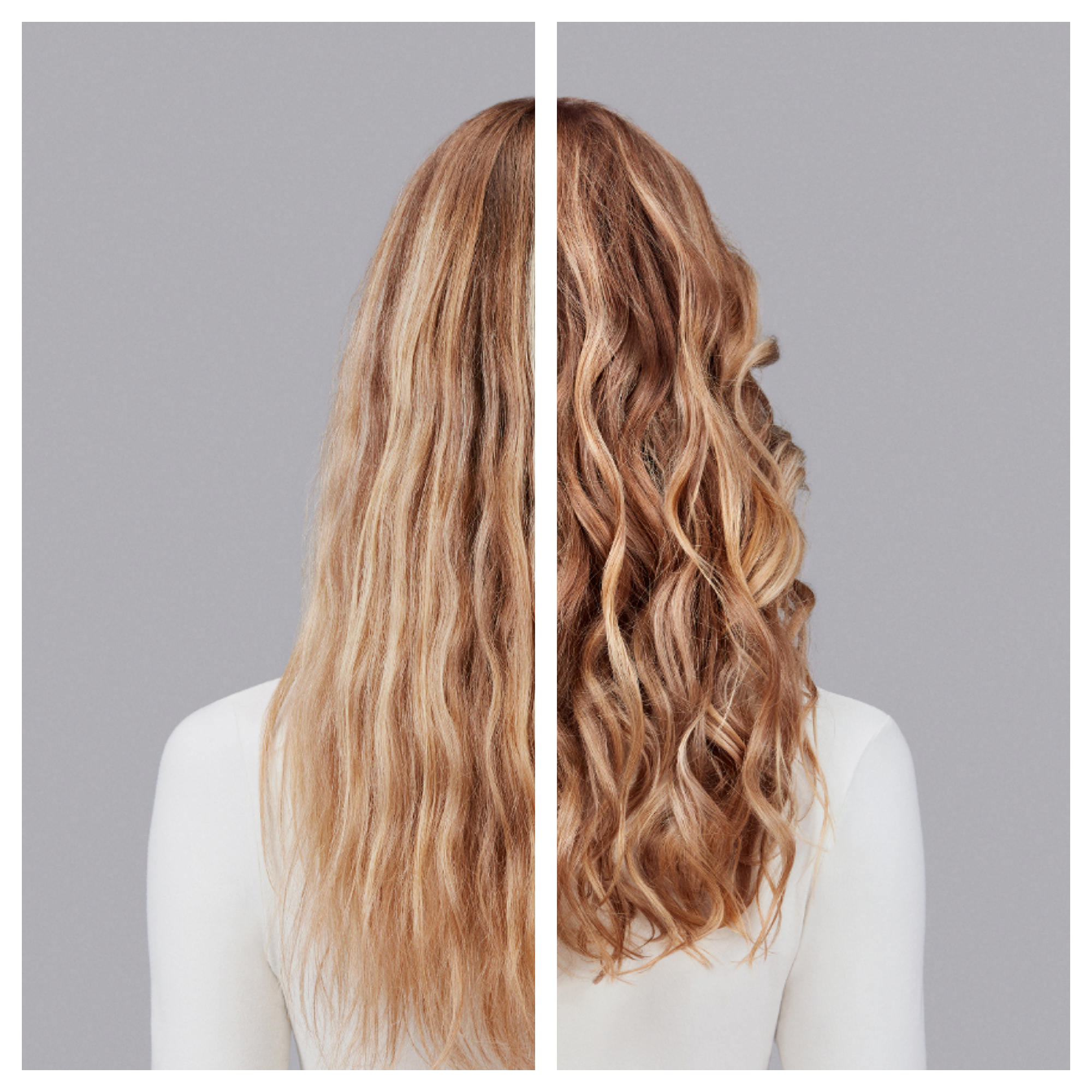 Vorher-Nachher-Vergleich von Haaren: links glatt, rechts gewellt.