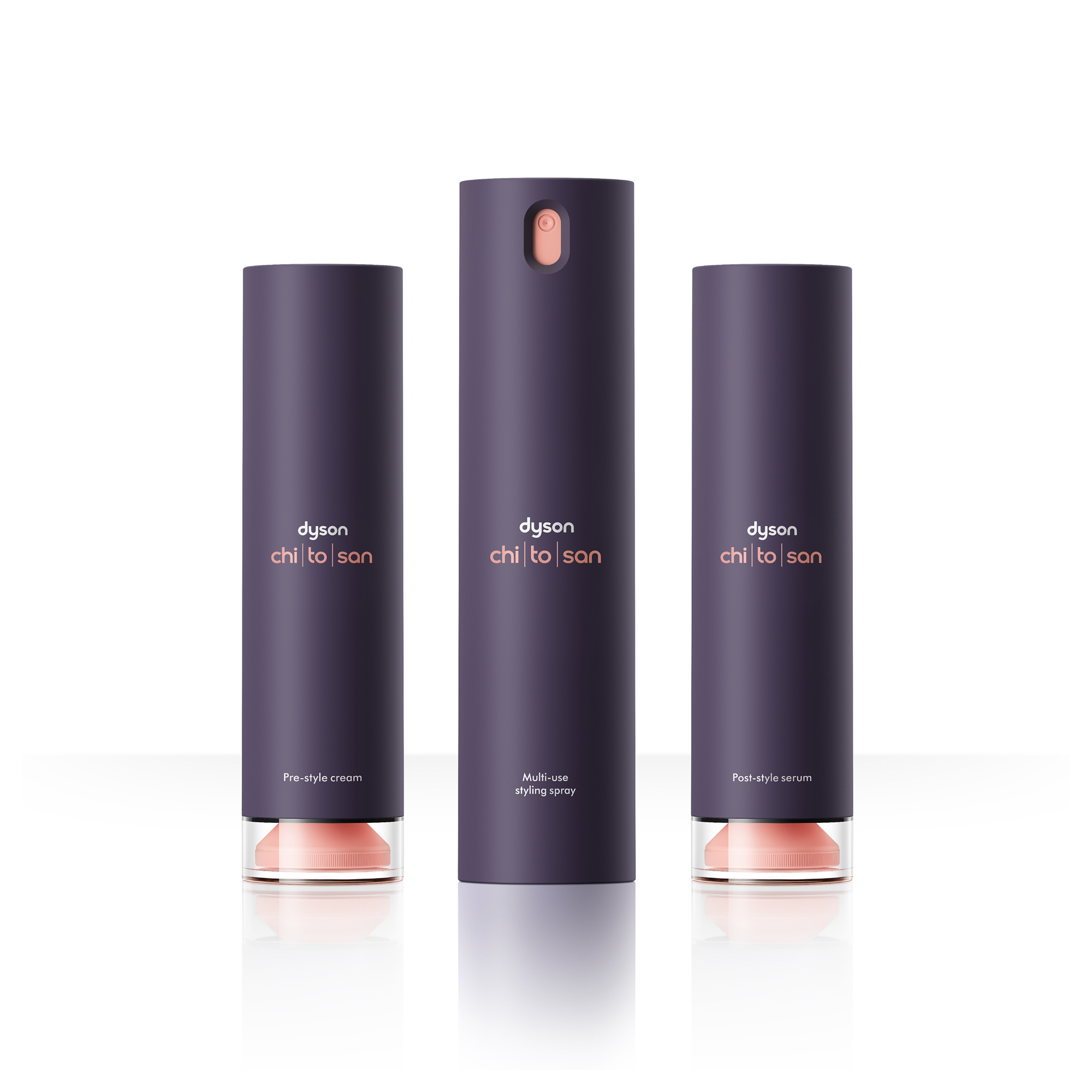 Drei Dyson-Haarprodukte: Pre-Style Cream, Styling Spray und Post-Style Serum.