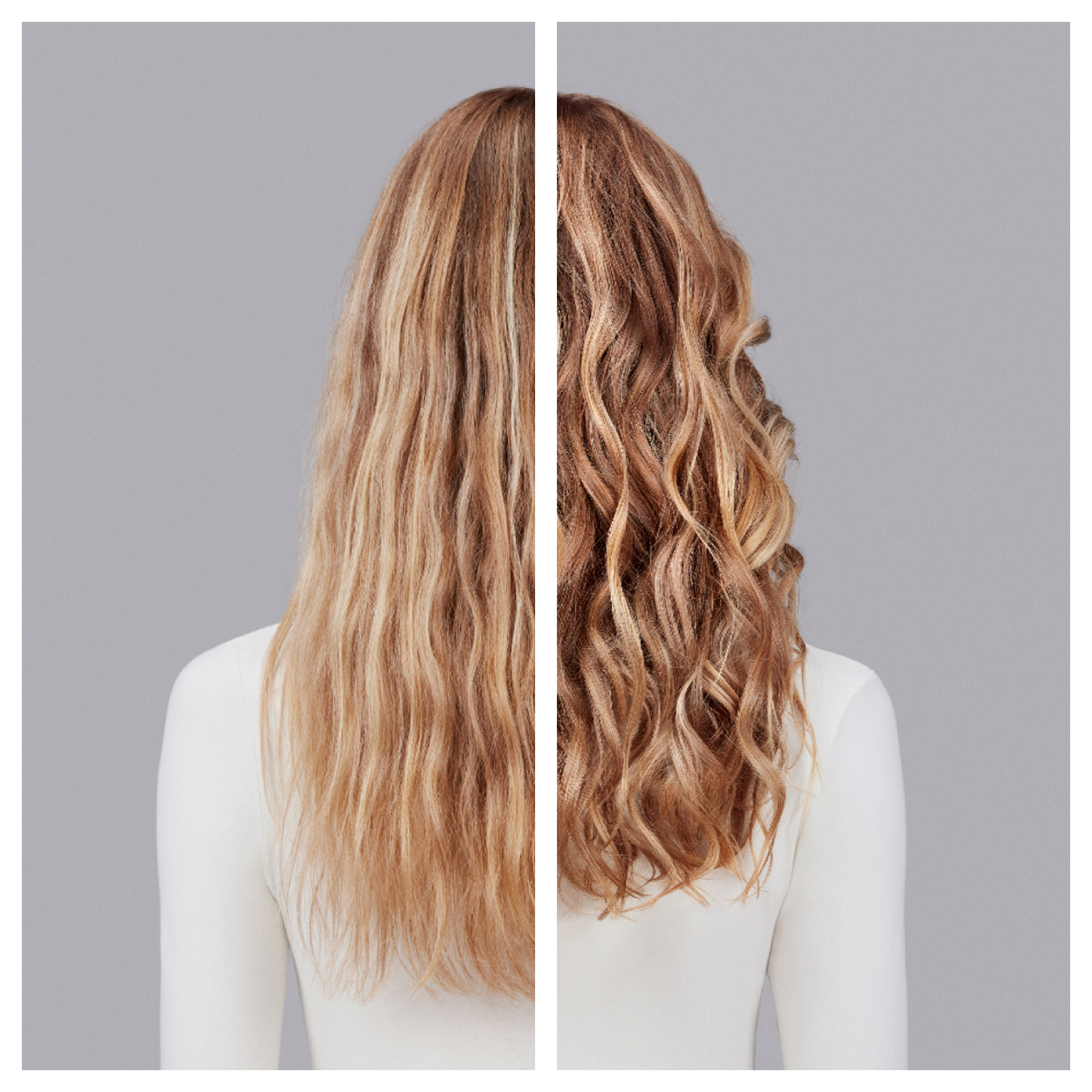Vorher/Nachher Vergleich von blondem Haar: glatt vs. lockig.