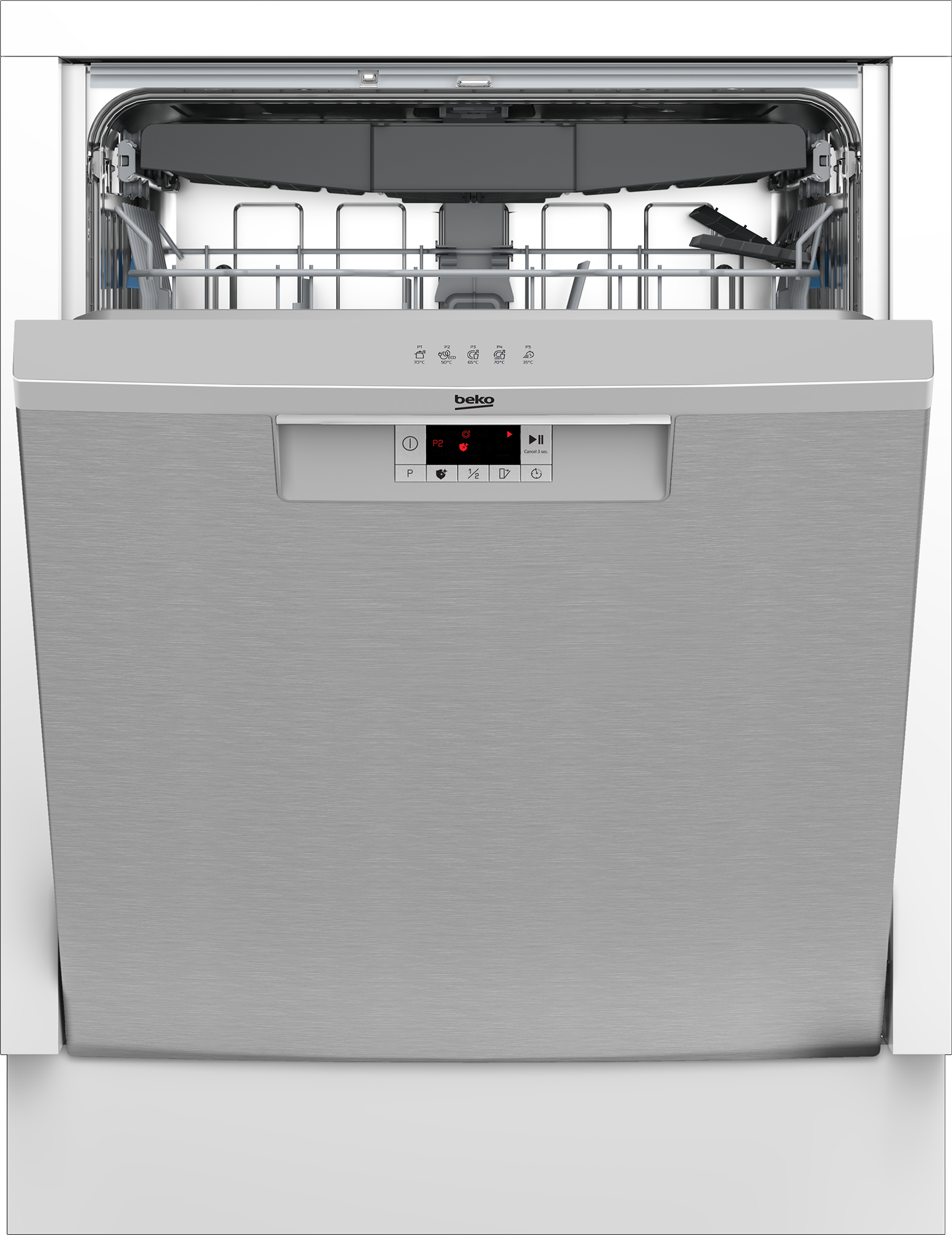 Offene Spülmaschine mit silberner Front und Bedienfeld.
