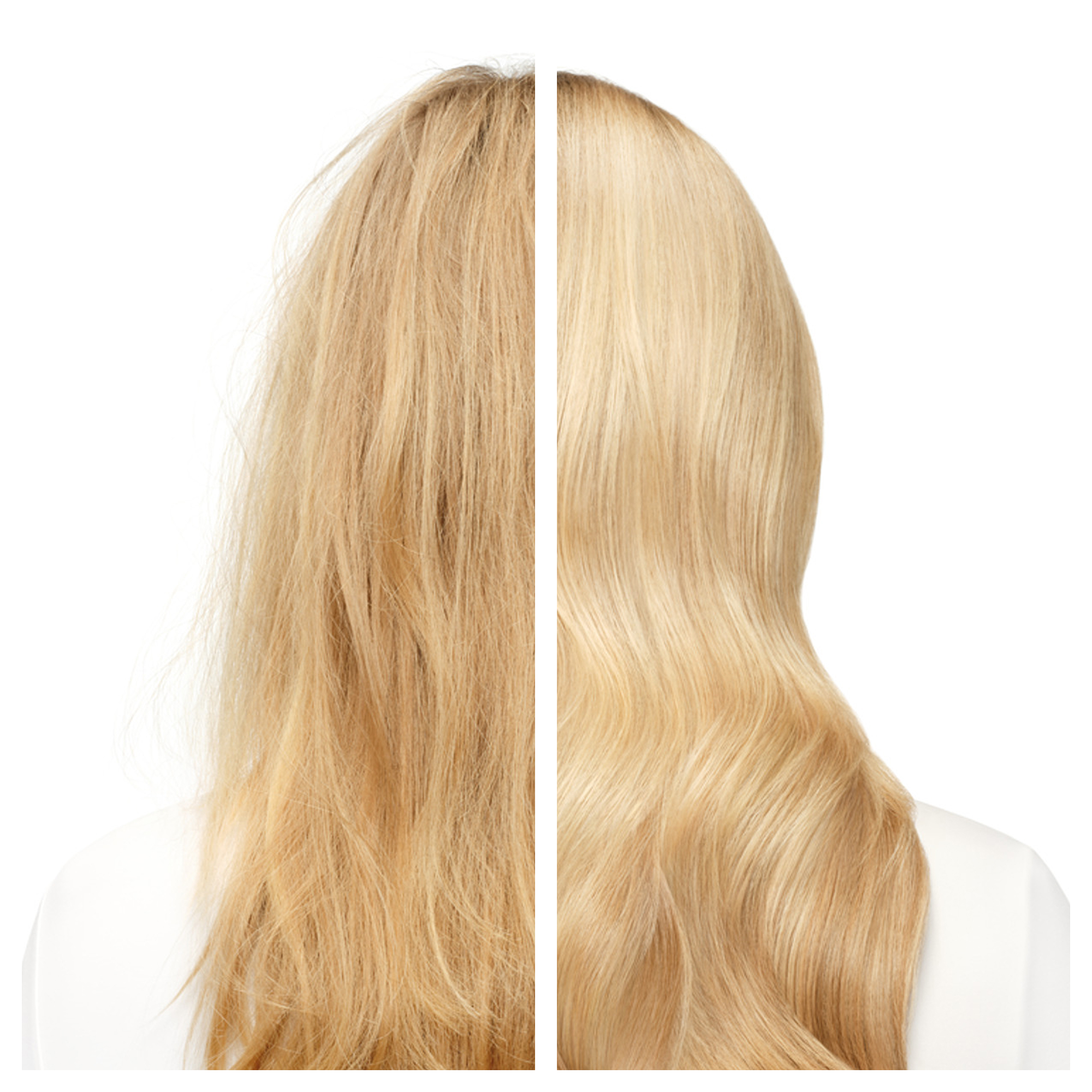 Vorher-Nachher-Vergleich von blondem Haar: links strohig, rechts glänzend.