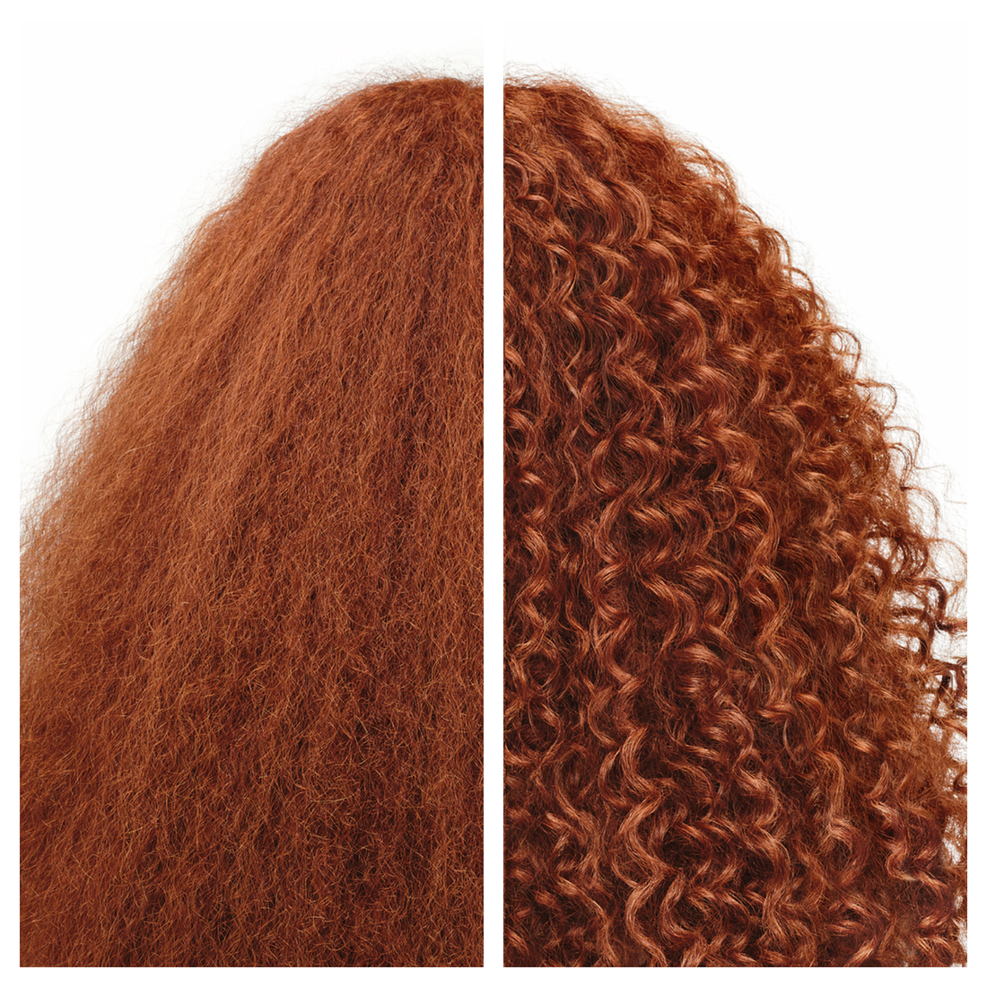 Vorher/Nachher Vergleich von roten Haaren: links glatt und rechts lockig.
