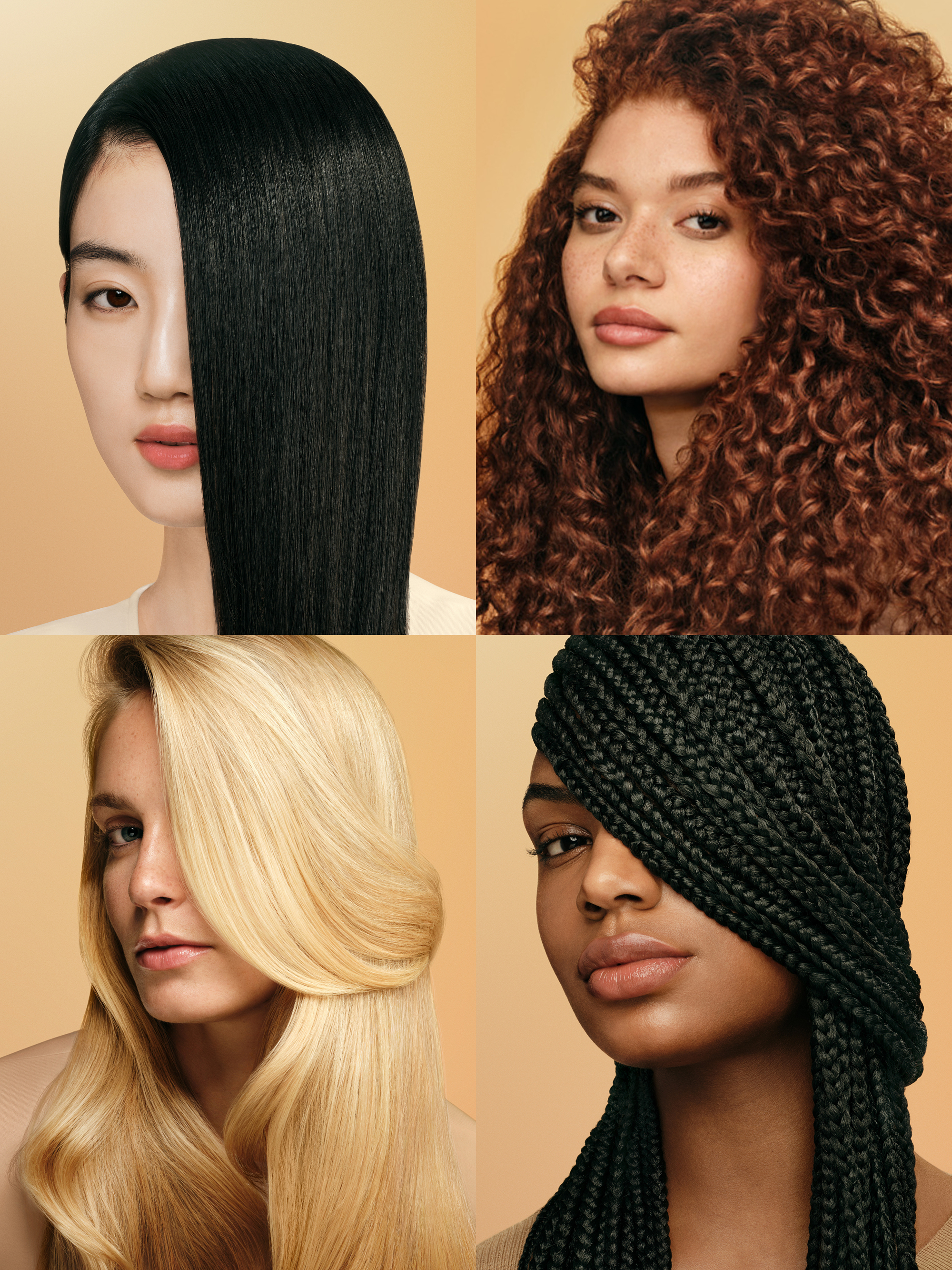 Vier Frauenporträts: glattes schwarzes, lockiges rotes, blondes und geflochtenes Haar.