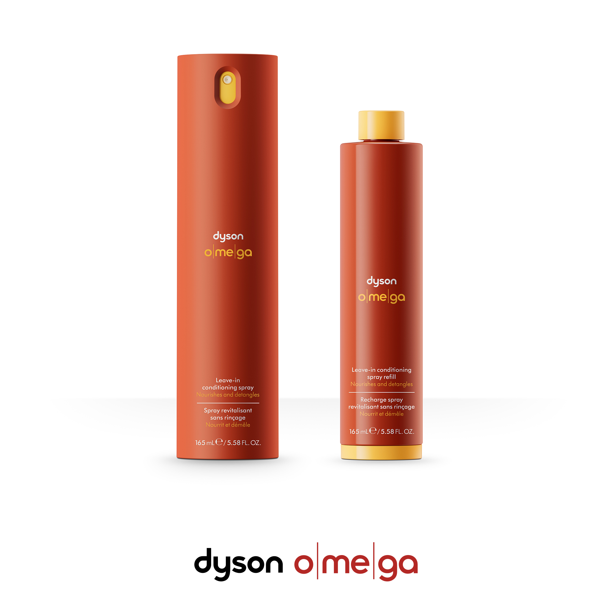 Zwei orangefarbene Dyson Omega-Flaschen mit gelben Kappen, eine mit Sprühkopf, die andere als Nachfüller.