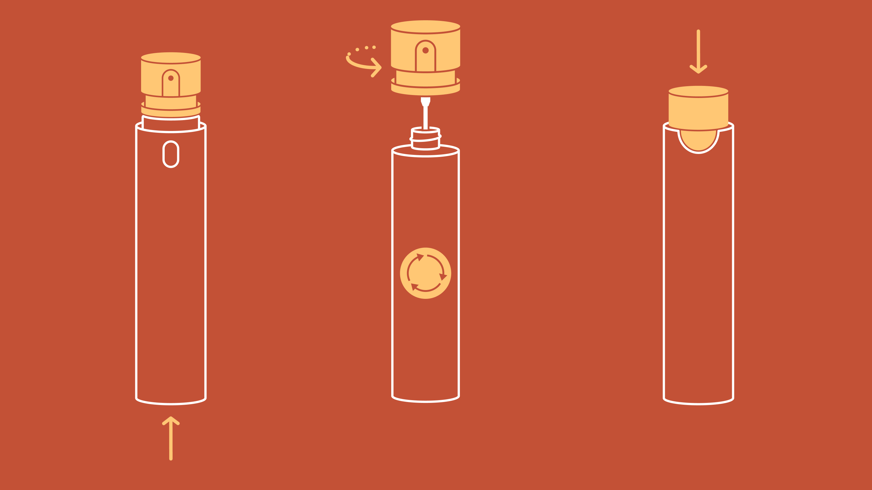 Illustration zeigt drei Schritte zur Montage einer Sprühflasche mit orangefarbenem Deckel.