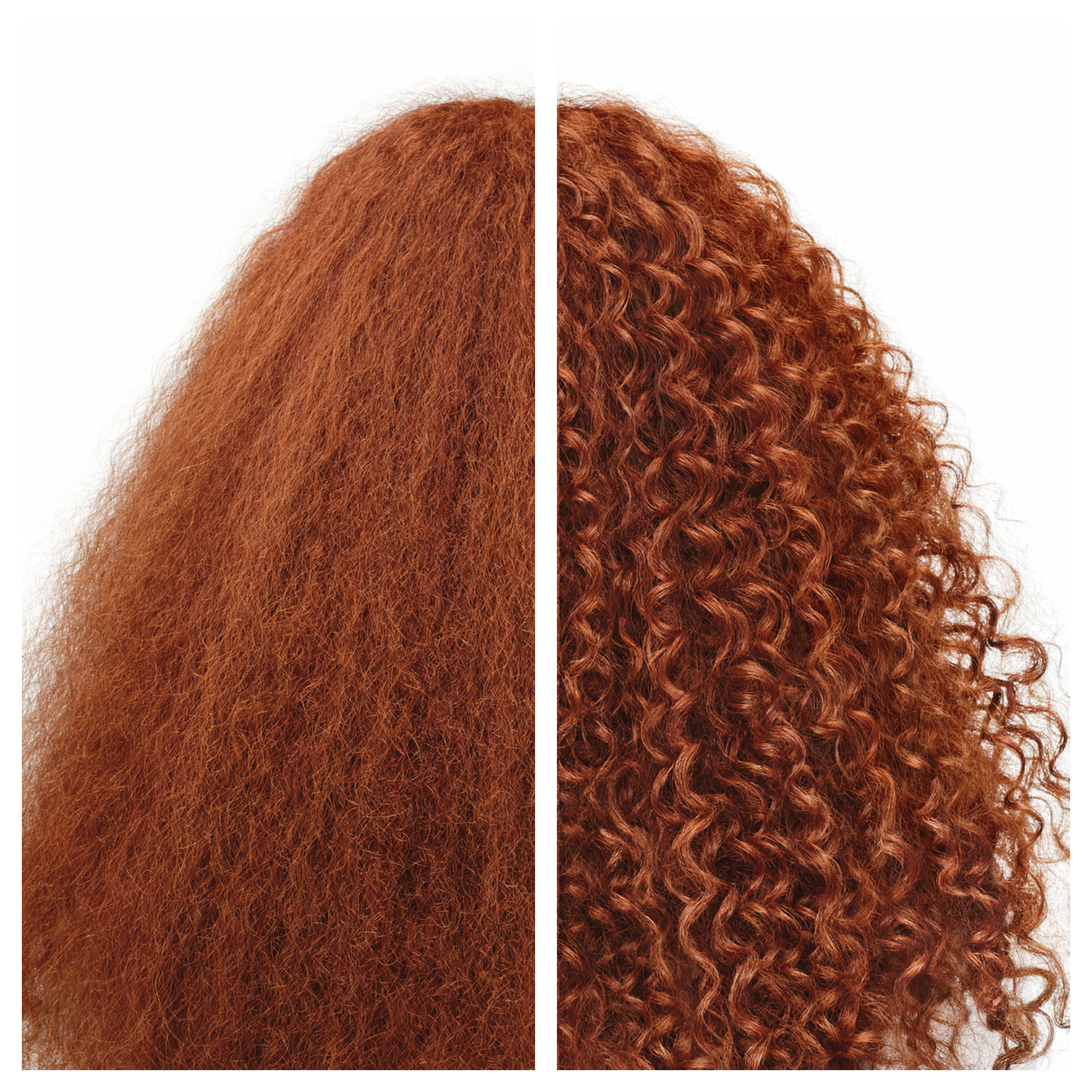 Vorher/Nachher-Vergleich von rotem Haar: glatt und voluminös vs. lockig und definiert.