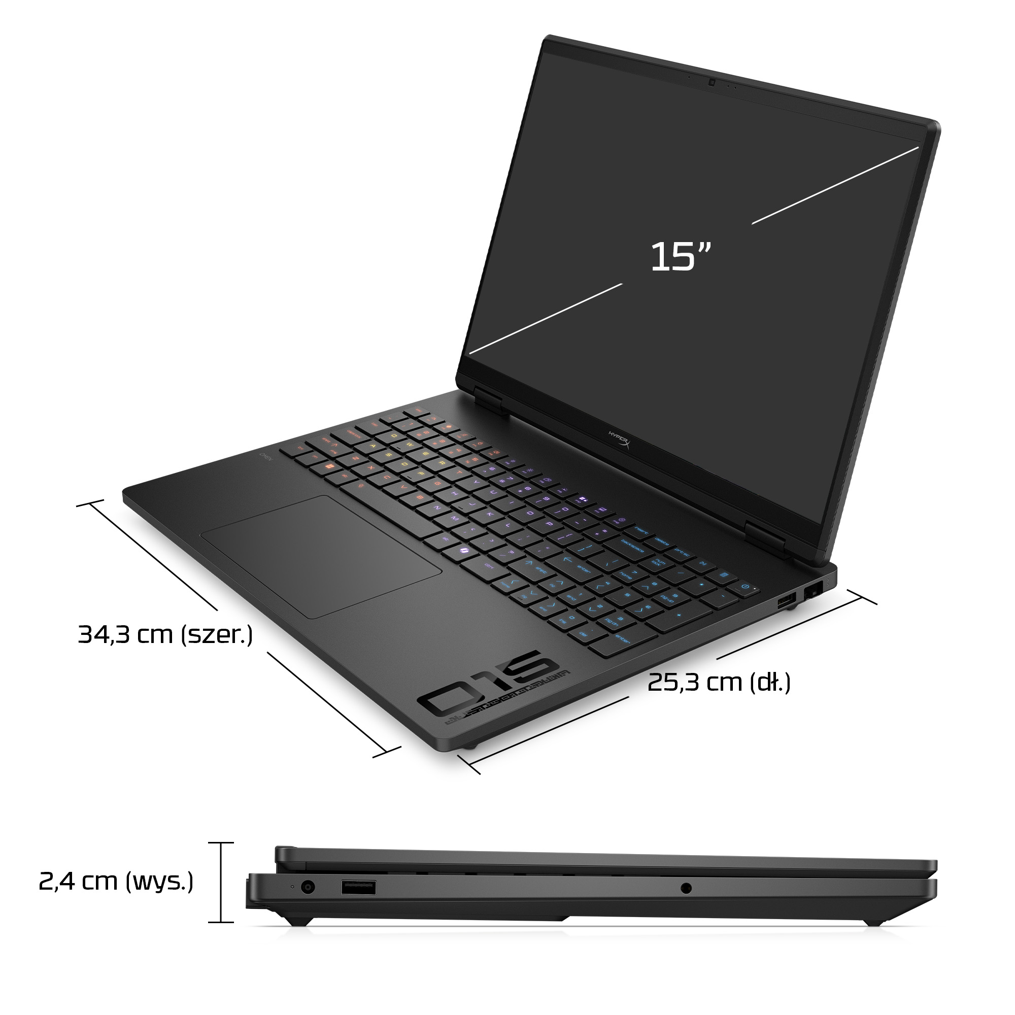 Czarny laptop z ekranem 15 cali, podświetlaną klawiaturą i wymiarami.