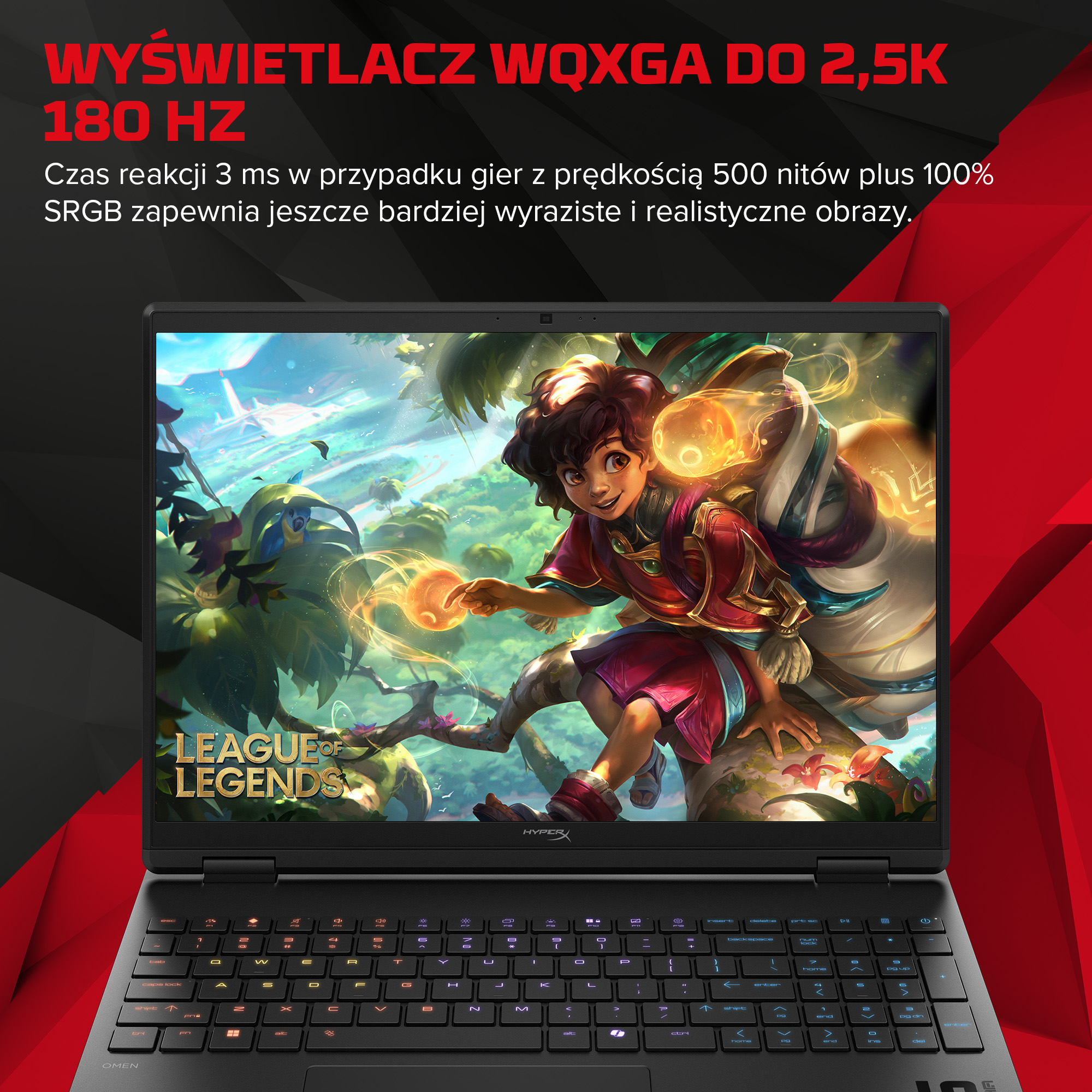 Laptop wyświetlający "League of Legends" z czerwonym tłem.