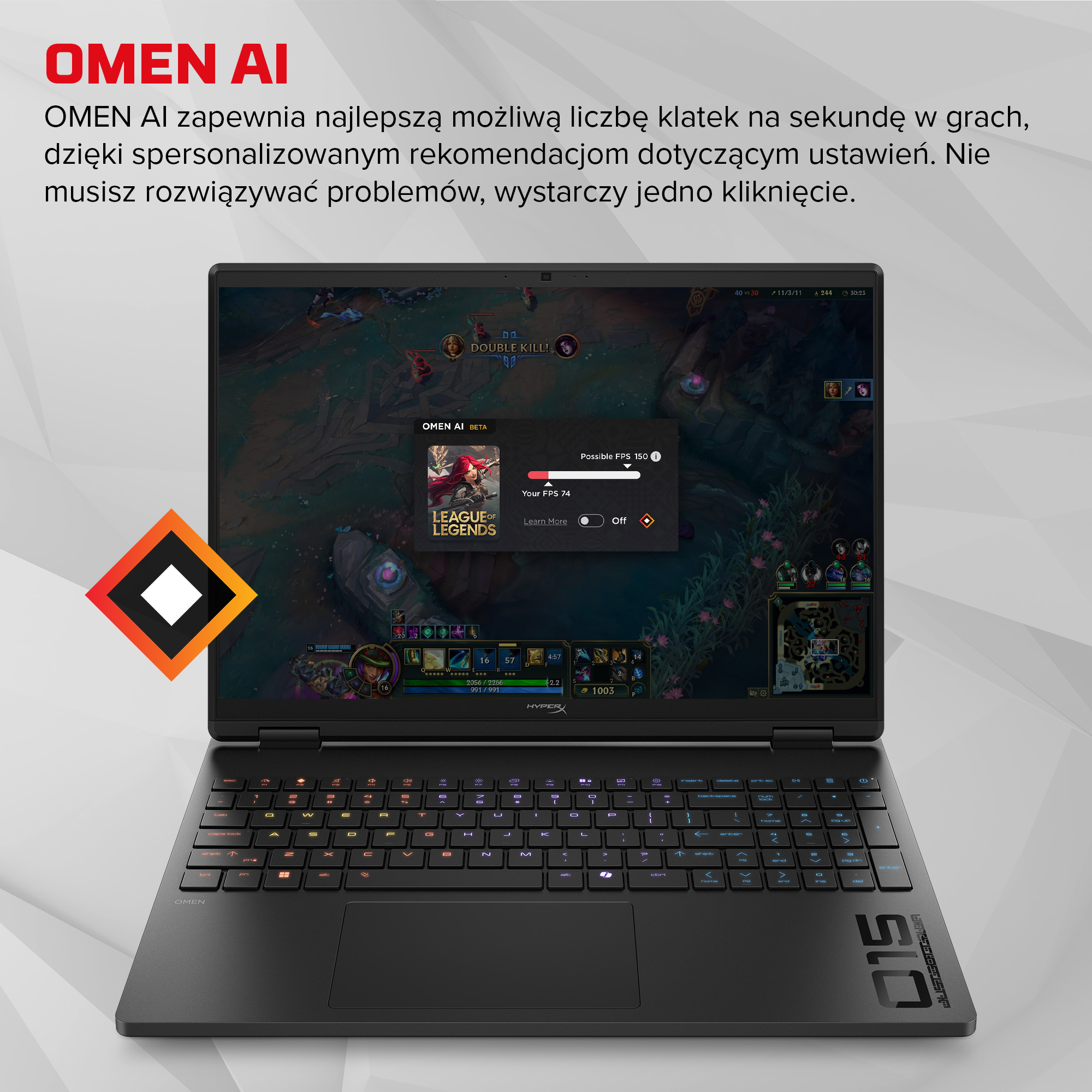 Laptop wyświetla League of Legends z nakładką Omen AI. Widoczne FPS.