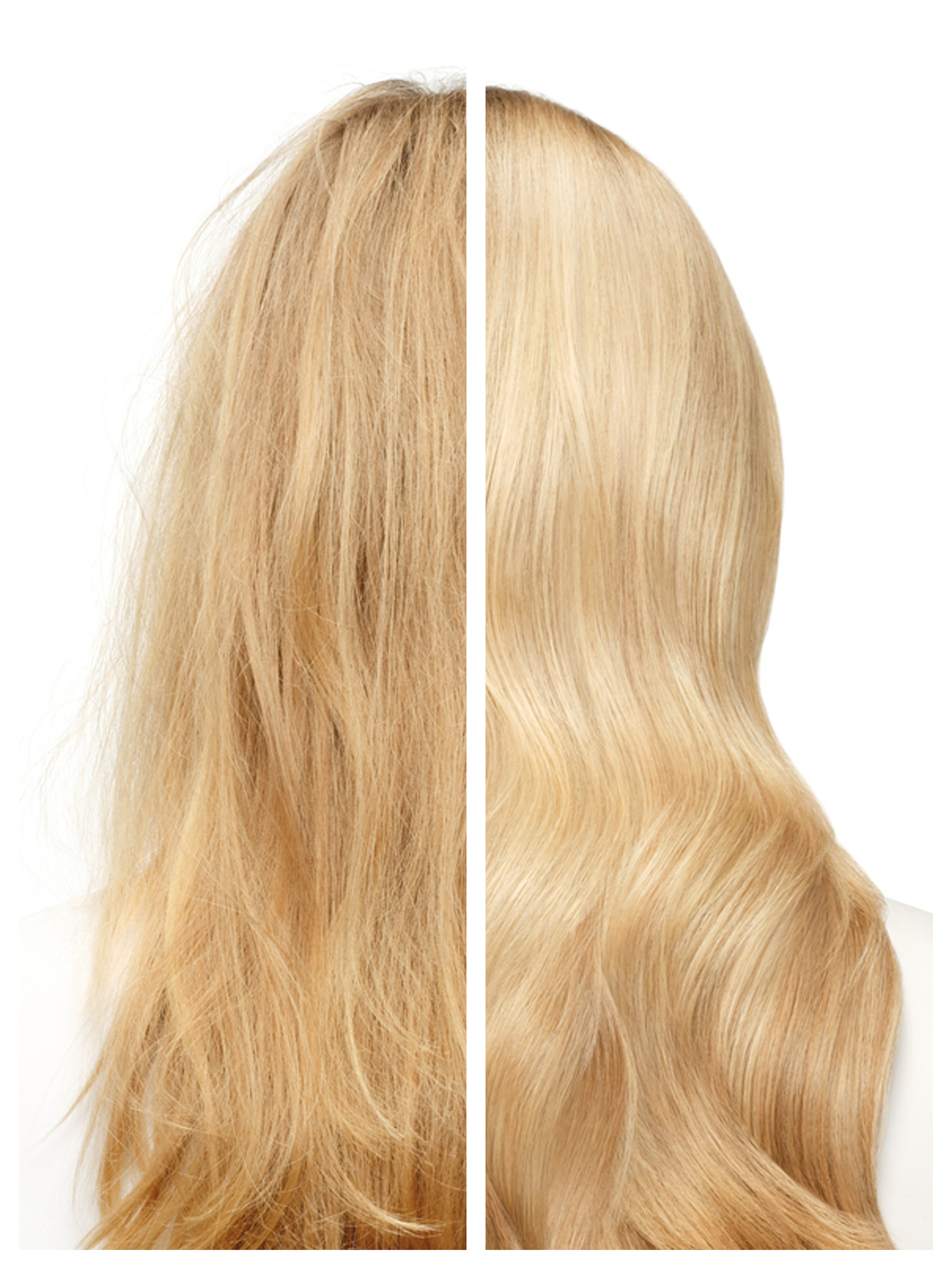 Vorher-Nachher-Vergleich von blondem Haar: links unordentlich, rechts glatt und glänzend.