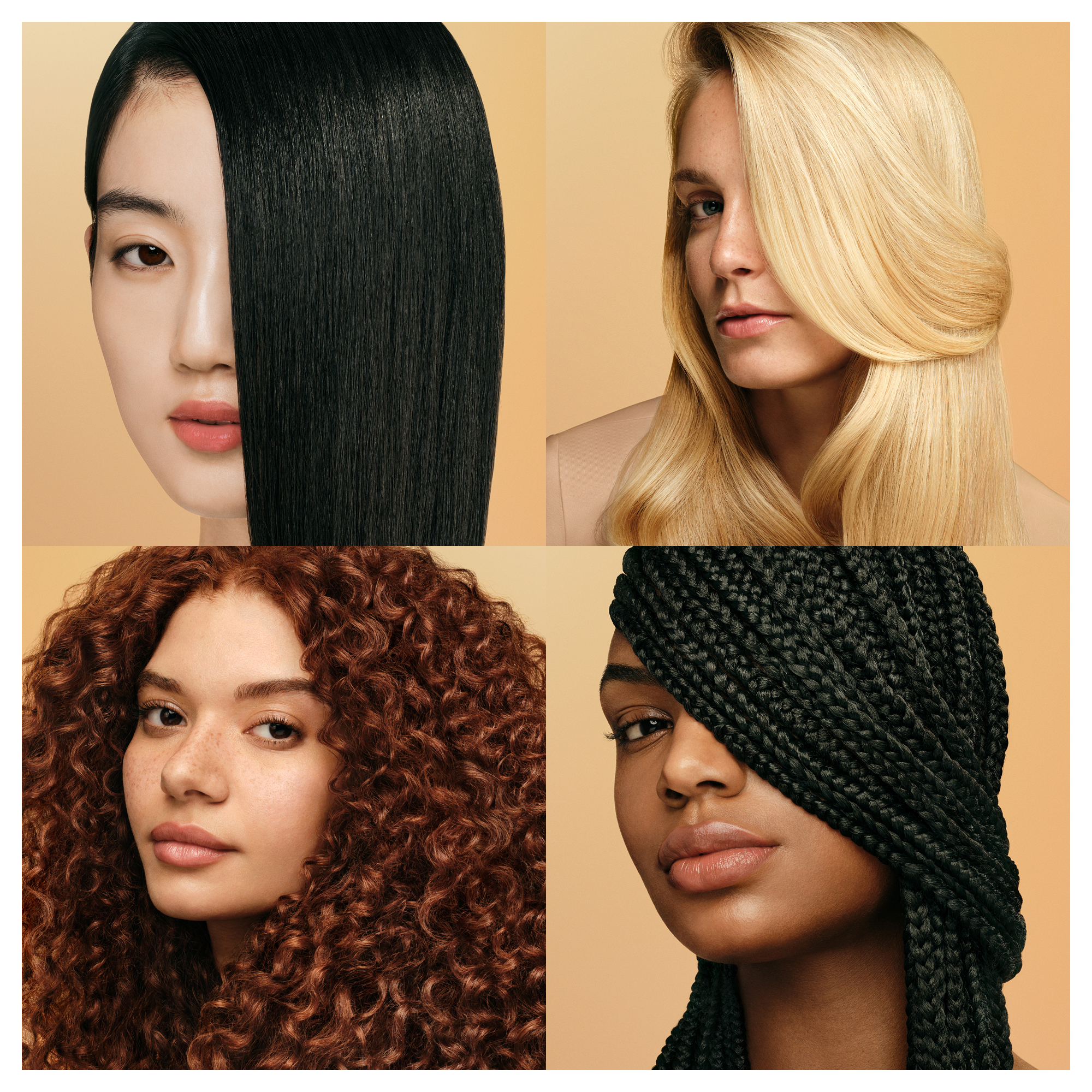 Vier Gesichter: Schwarz, blond, lockig und geflochtenes Haar auf beigefarbenem Grund.
