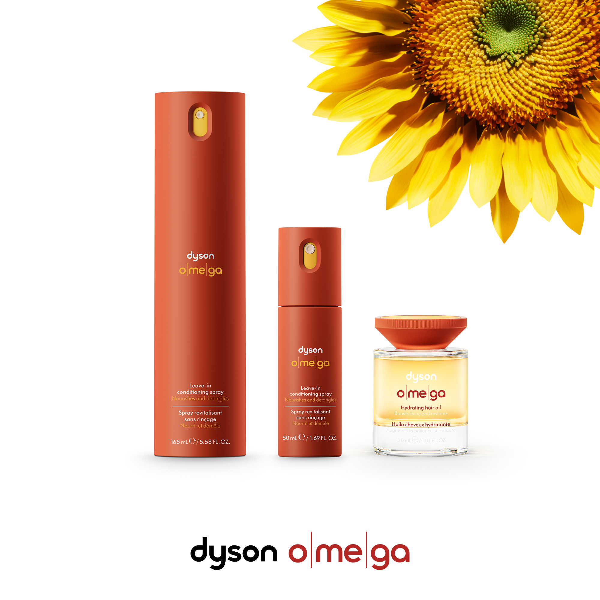 Drei Dyson-Haarpflegeprodukte und eine Sonnenblume.