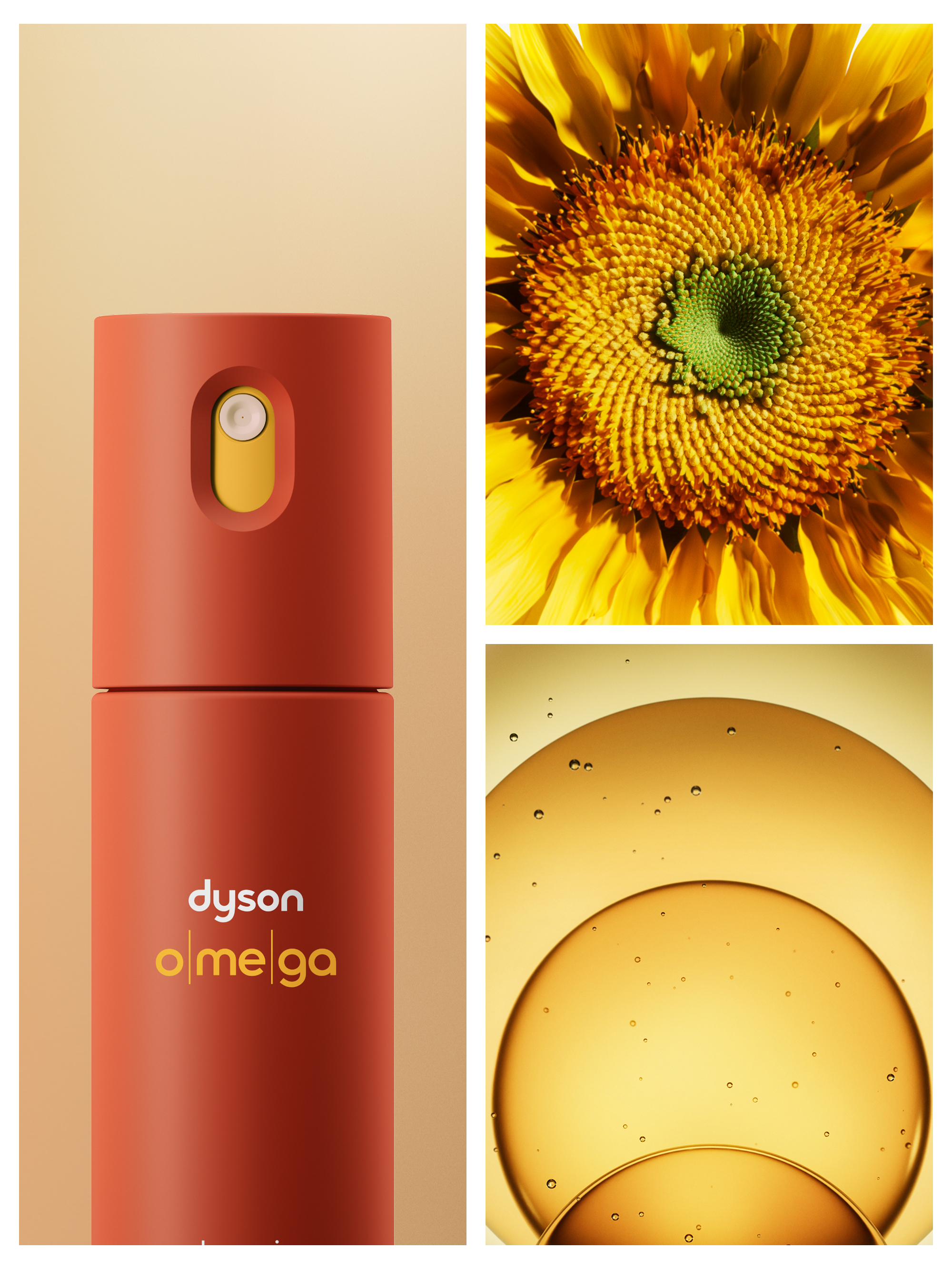 Roter Dyson-Behälter neben Sonnenblume und Öltröpfchen.