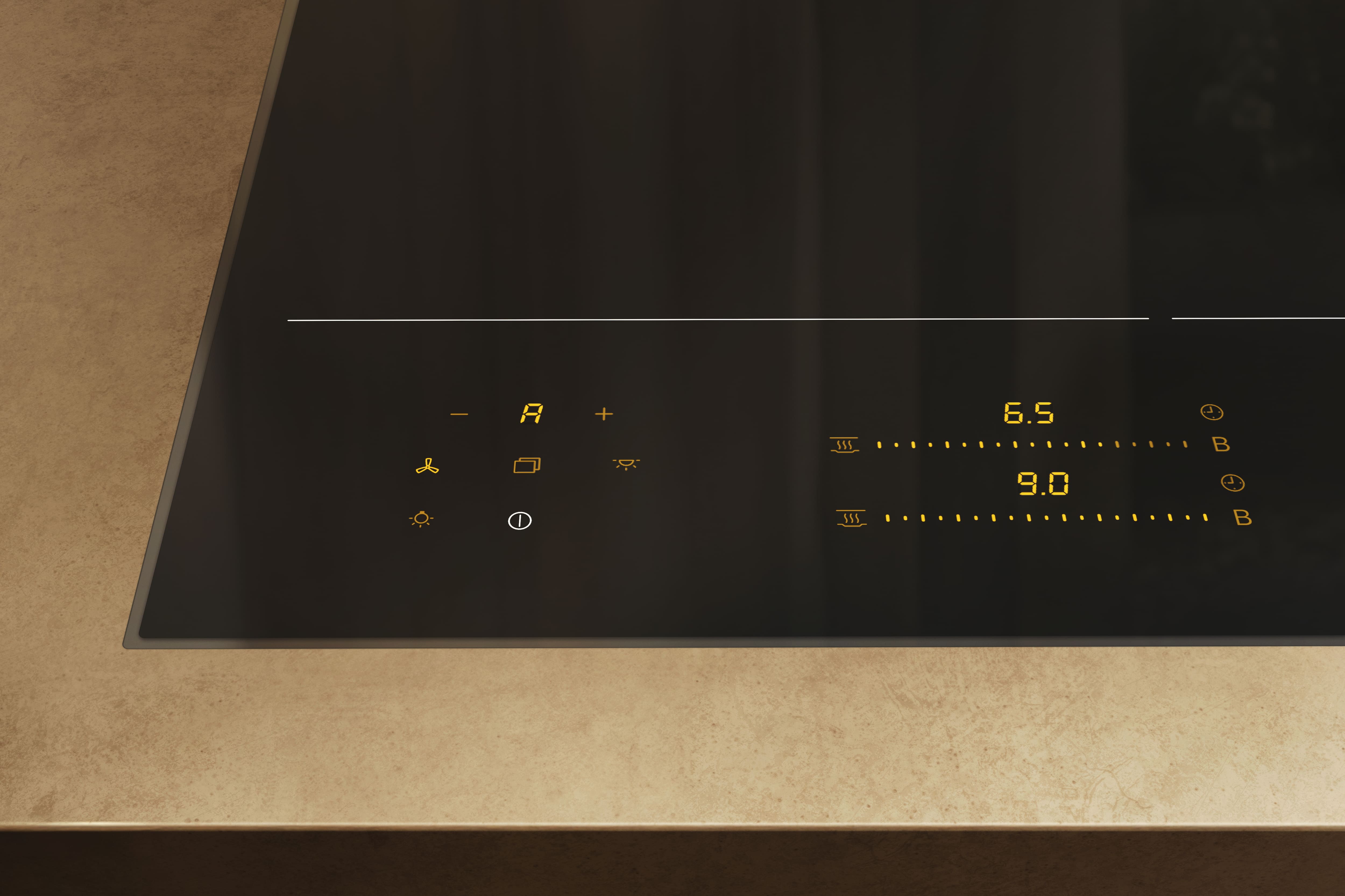 Ein schwarzes Kochfeld mit gelben digitalen Anzeigen für Temperatur und Timer.