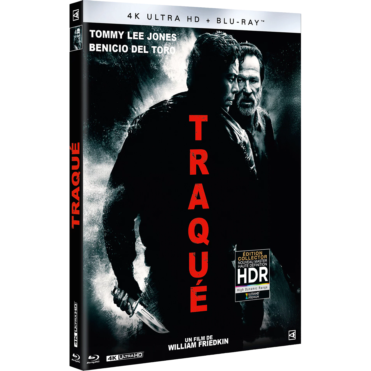Boîtier Blu-ray avec Tommy Lee Jones et Benicio Del Toro, intitulé "Traqué".