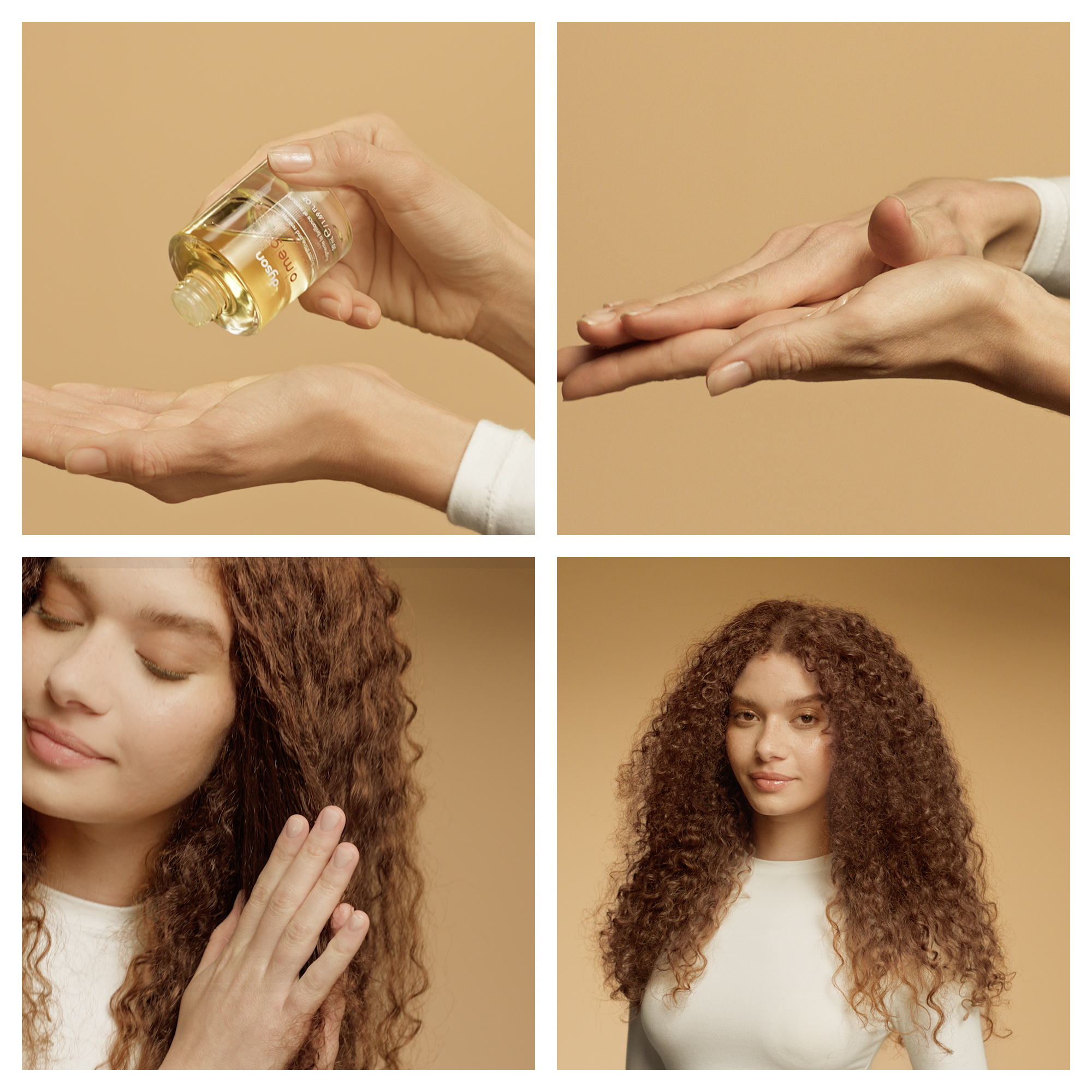 Eine Hand hält eine Flasche mit goldenem Öl über die andere Hand.