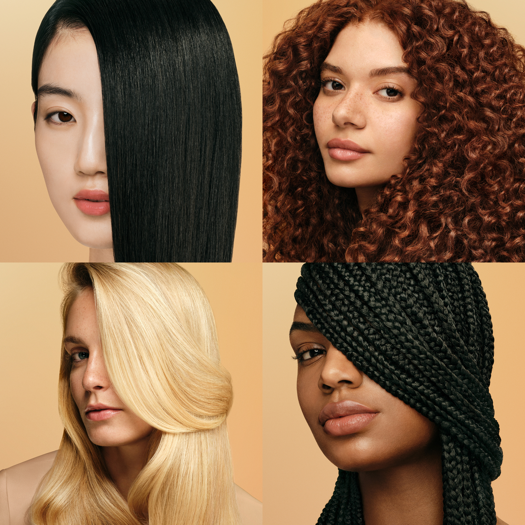 Vier Gesichter mit unterschiedlichen Frisuren und Hauttönen vor hellem Hintergrund.